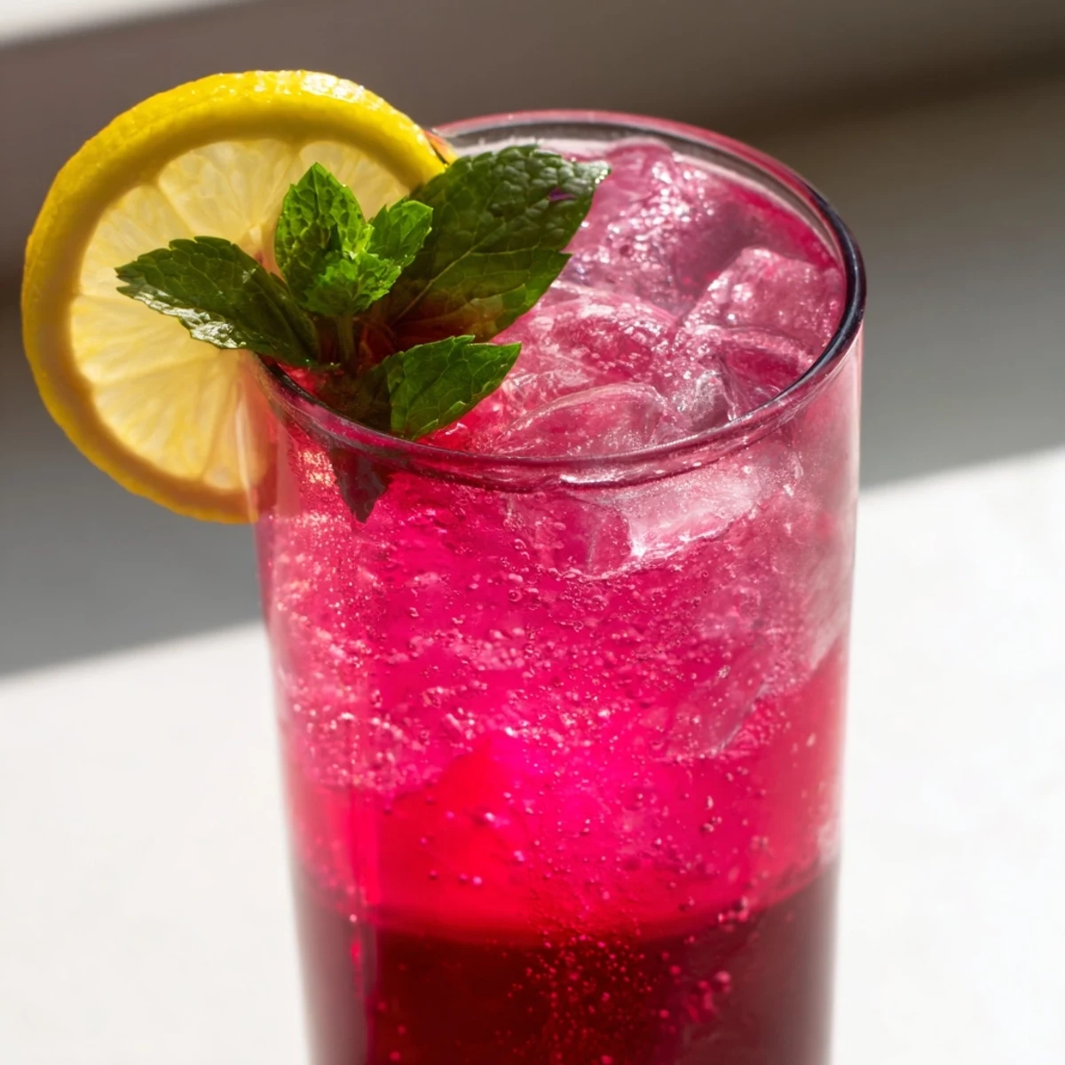Bright pink honey lemon soda in a tall glass with raspberry undertones