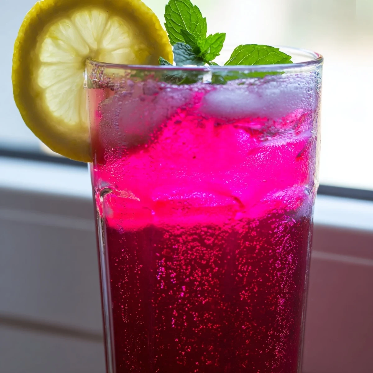 Chilled honey lemon pink soda topped with lemon slices and bubbly fizz