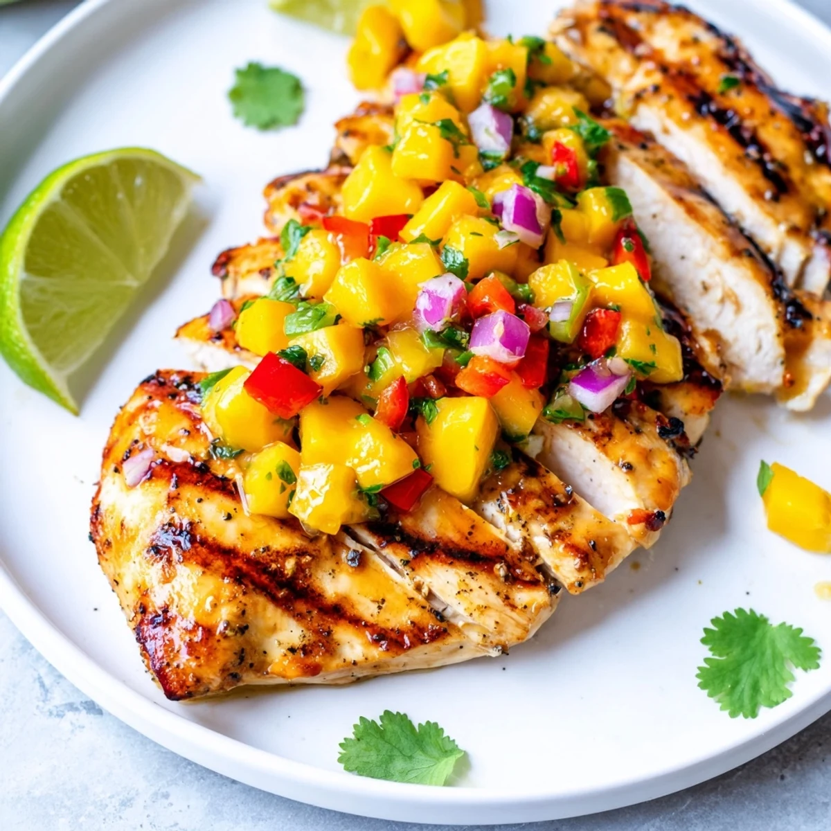 Golden honey lime chicken breasts topped with colorful mango salsa on a white plate.