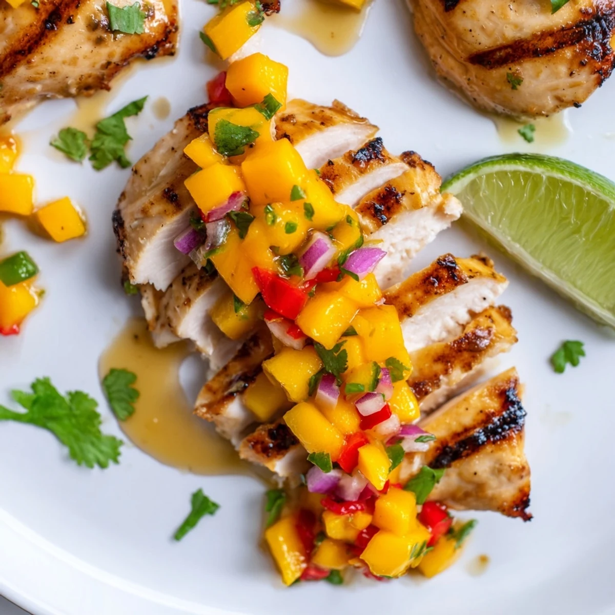Honey lime chicken sliced and drizzled with juices beside vibrant tropical mango salsa.