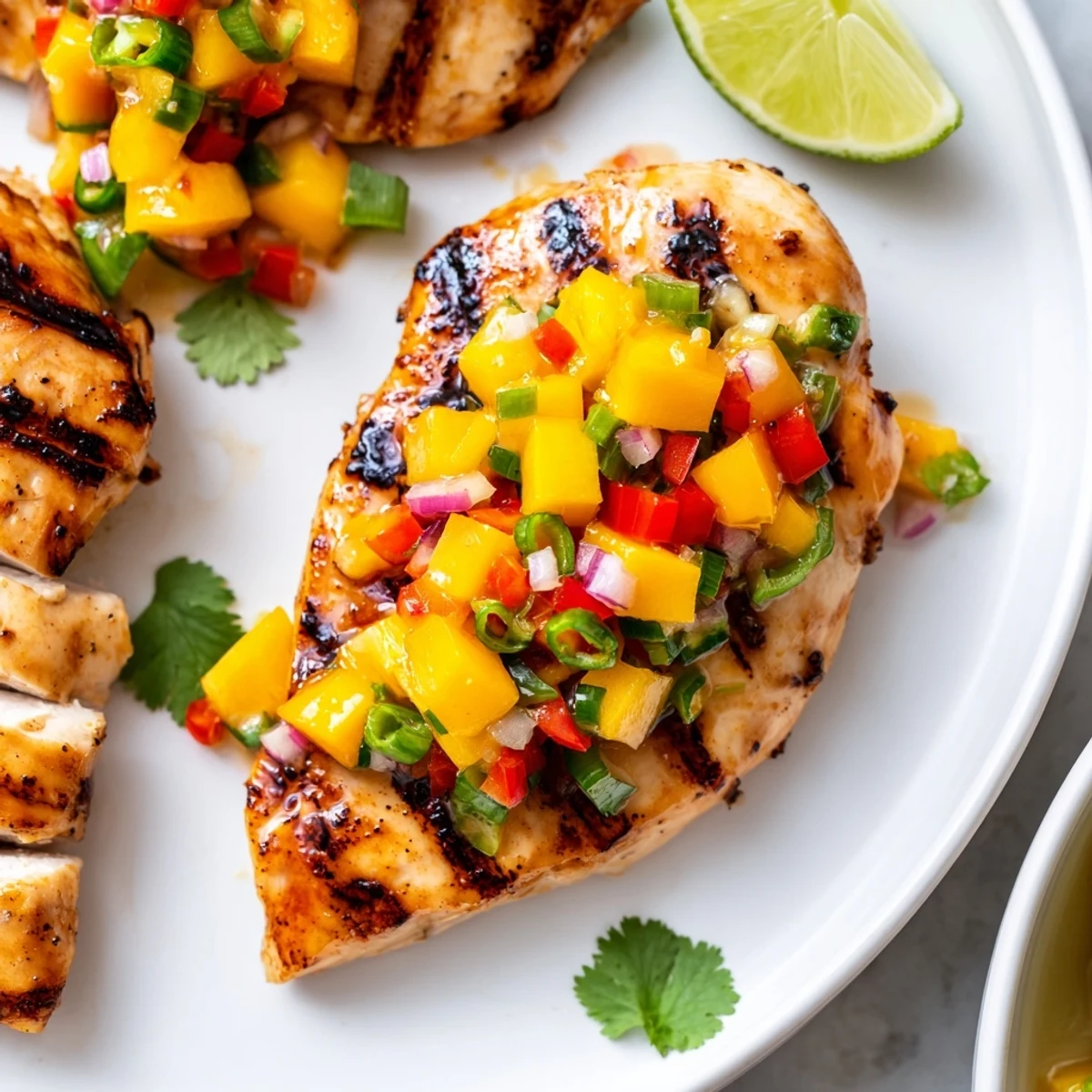 Grilled honey lime chicken served with fresh mango salsa, lime wedges, and cilantro garnish.