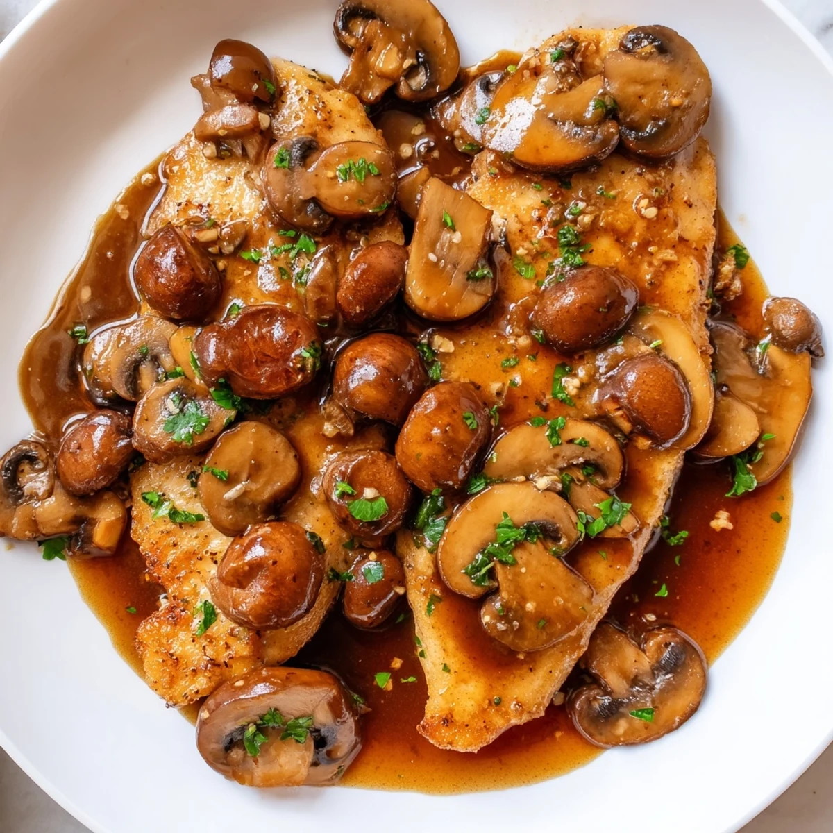 Golden dairy-free Chicken Marsala with savory mushrooms in rich wine sauce