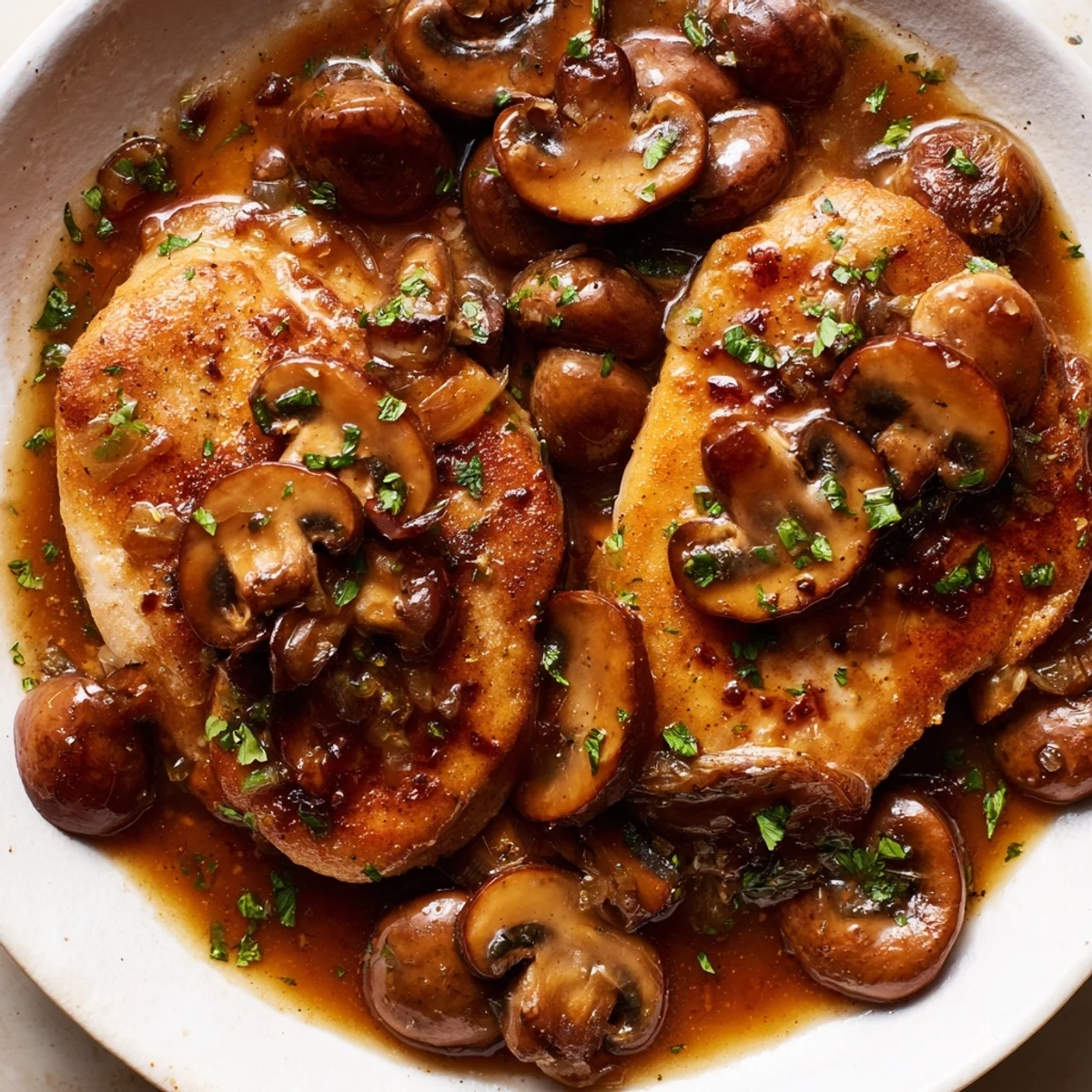 Tender Chicken Marsala in glossy Marsala mushroom sauce topped with fresh parsley