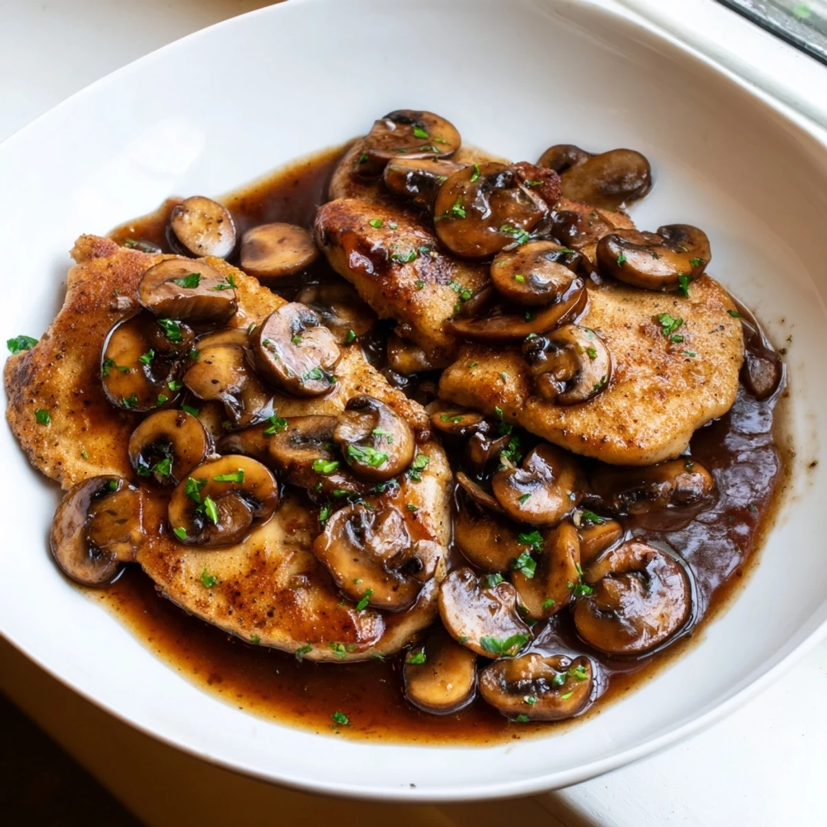 Creamy-looking dairy-free Chicken Marsala nestled in caramelized mushroom wine reduction