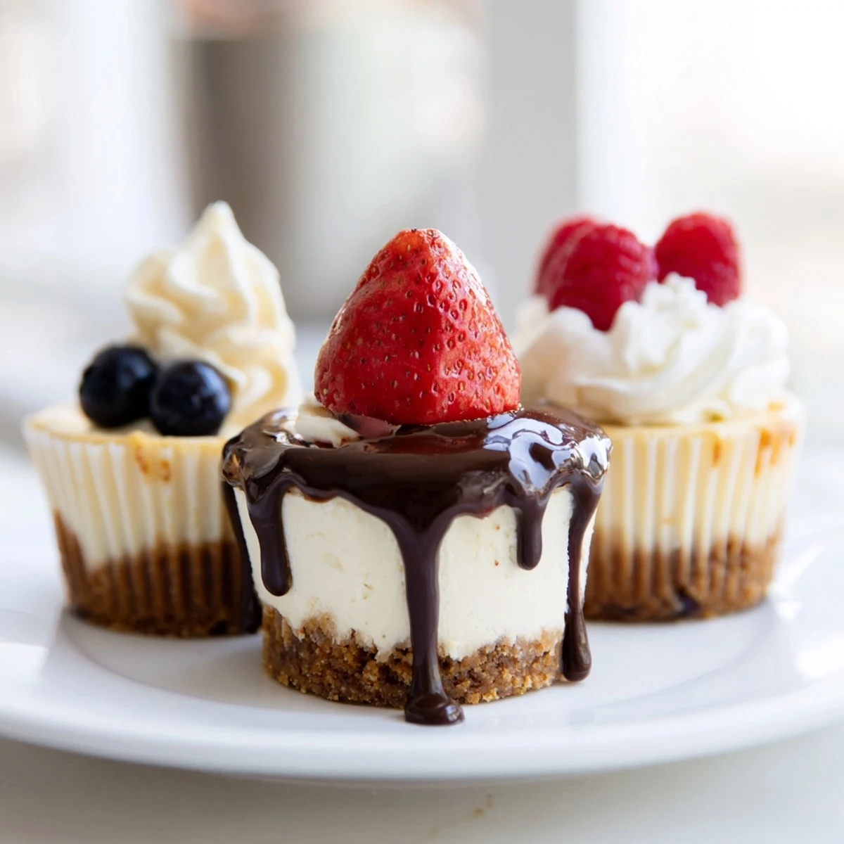 Creamy mini cheesecakes topped with fresh berries on a rustic wooden board