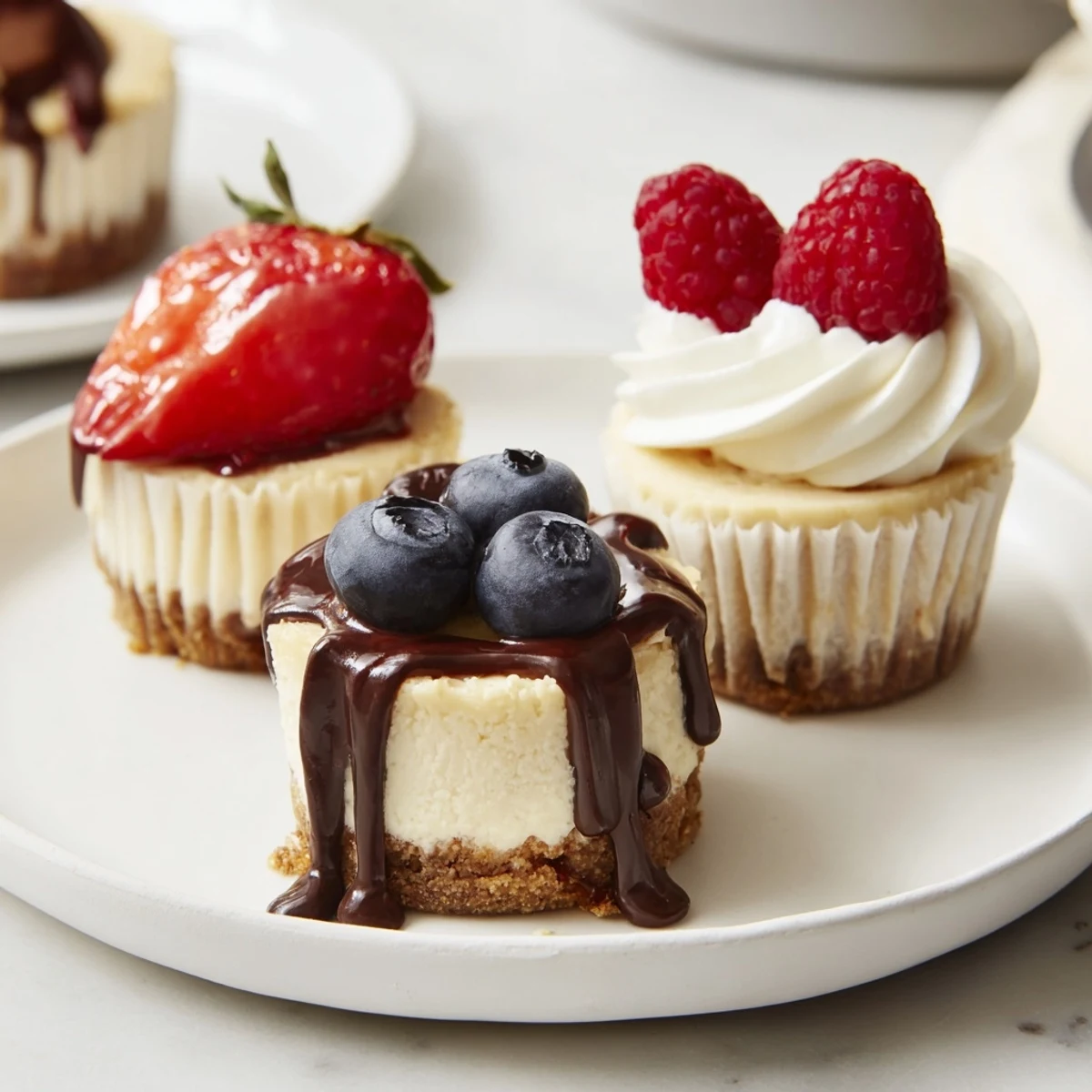 Golden graham cracker crust mini cheesecakes drizzled with rich caramel sauce