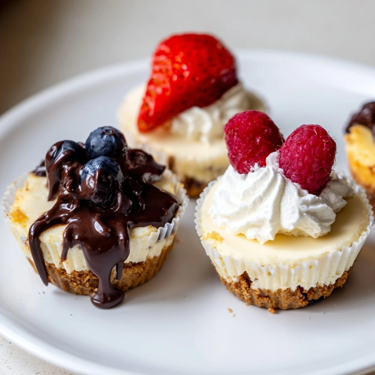 Smooth mini cheesecakes crowned with whipped cream and colorful mixed berry toppings