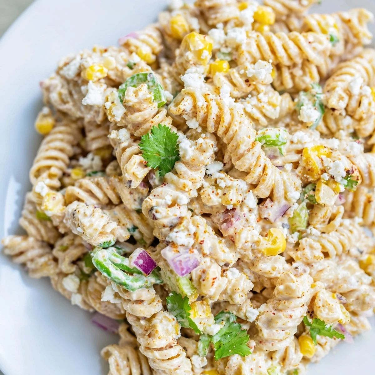 Creamy elote pasta salad topped with crumbled cotija cheese and fresh cilantro