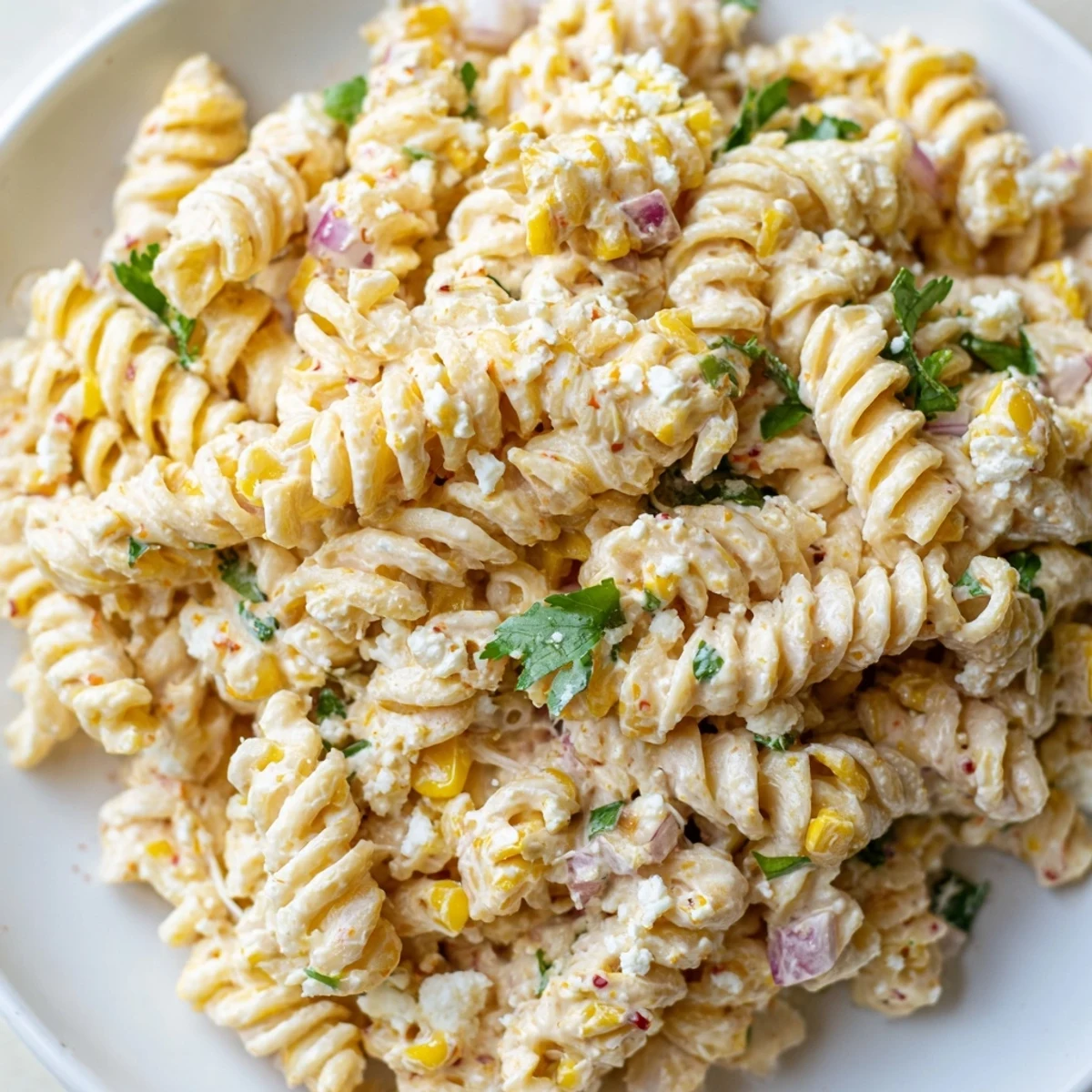  Vibrant elote pasta salad loaded with charred corn, zesty lime, and smoked paprika dressing