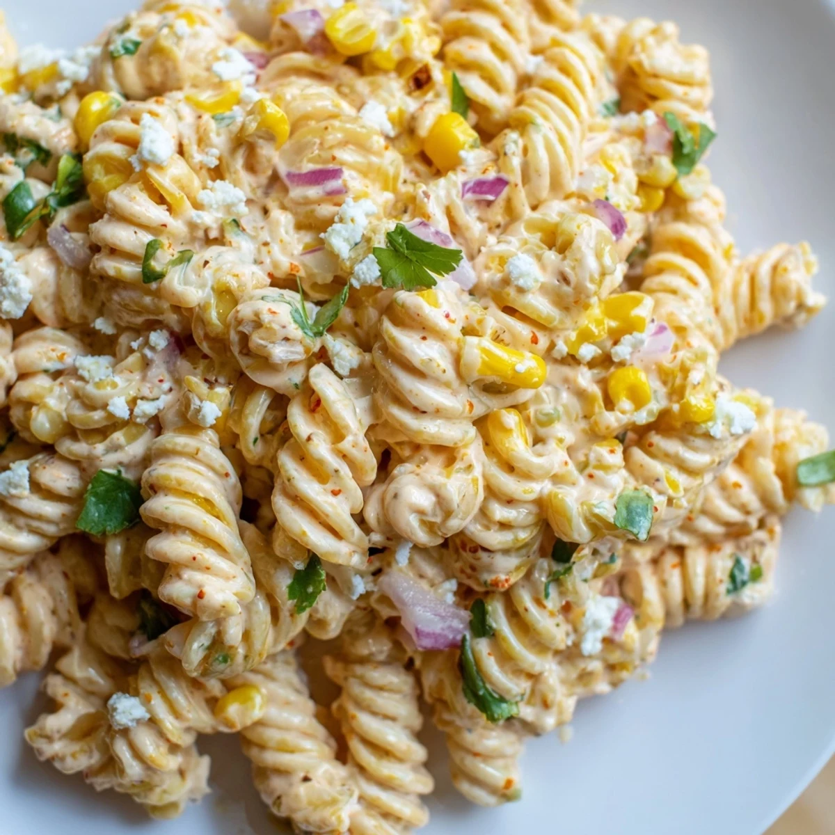  Chilled elote pasta salad served in a bowl with bright cilantro and lime wedges