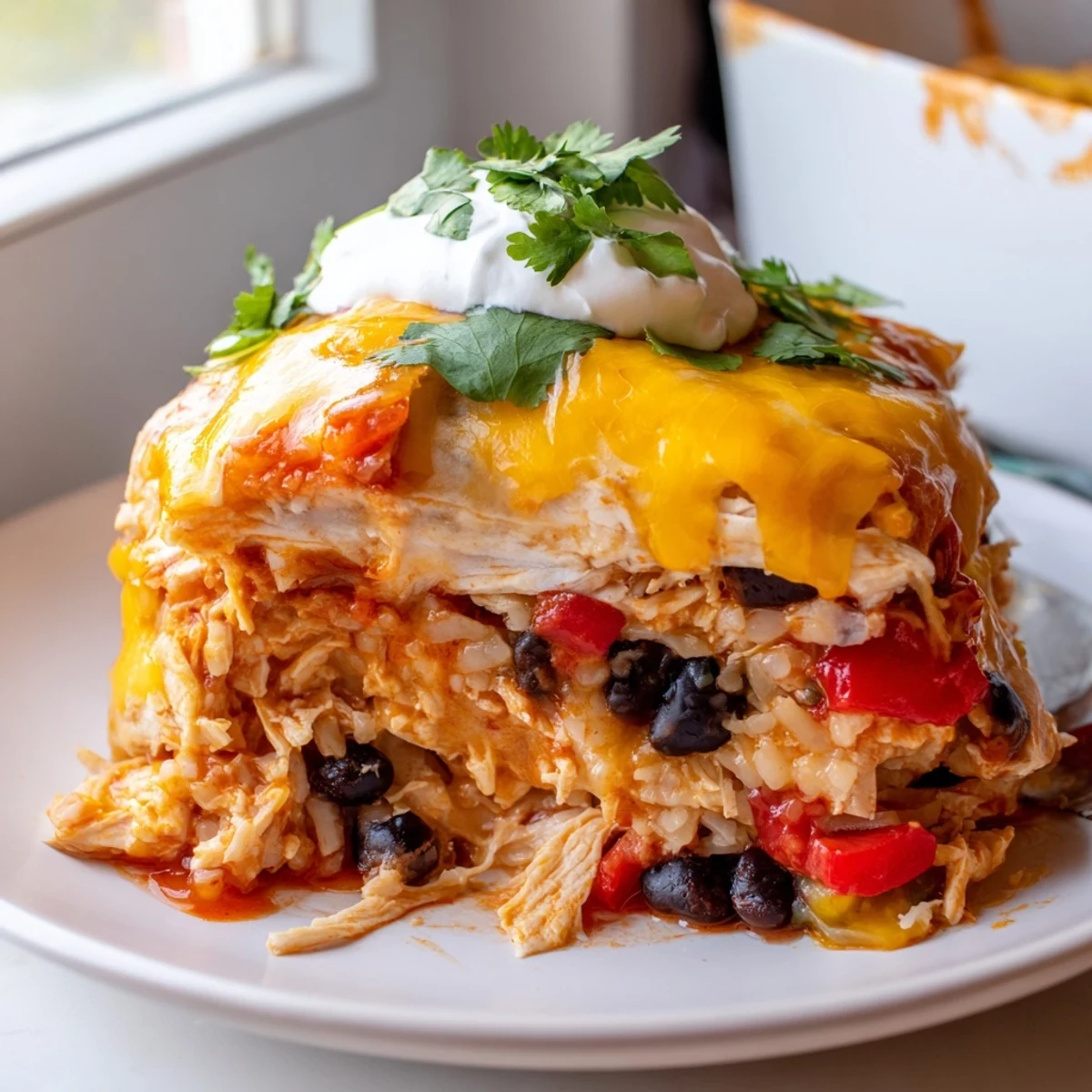 Golden cheesy chicken burrito casserole fresh from the oven with bubbling melted cheese