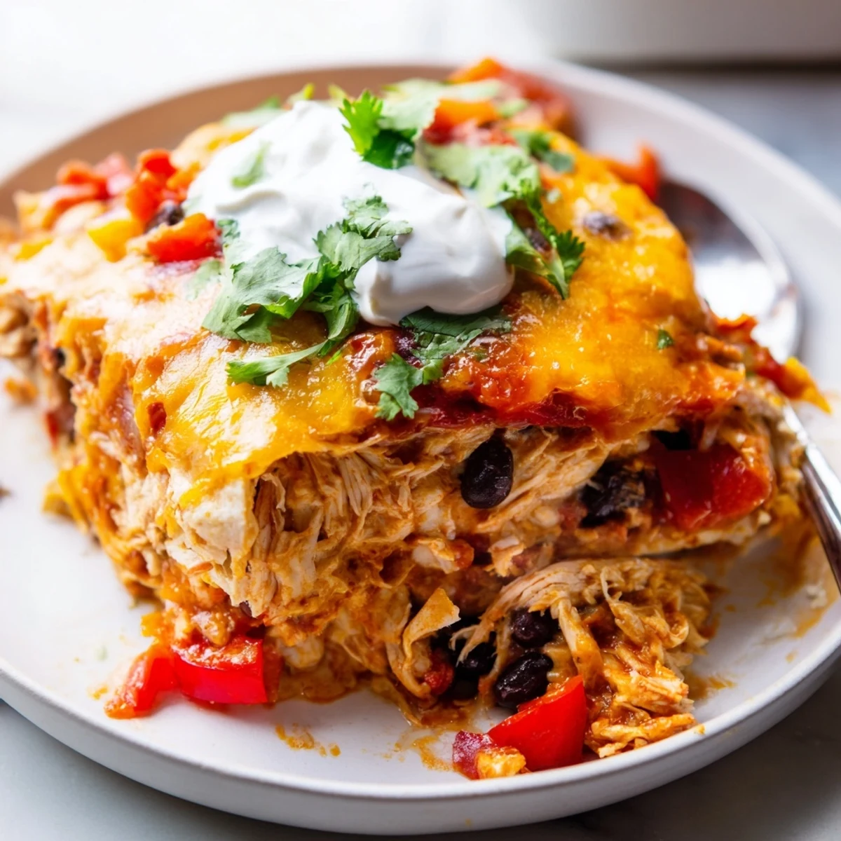 Creamy chicken burrito casserole layered with beans rice and salsa garnished with cilantro