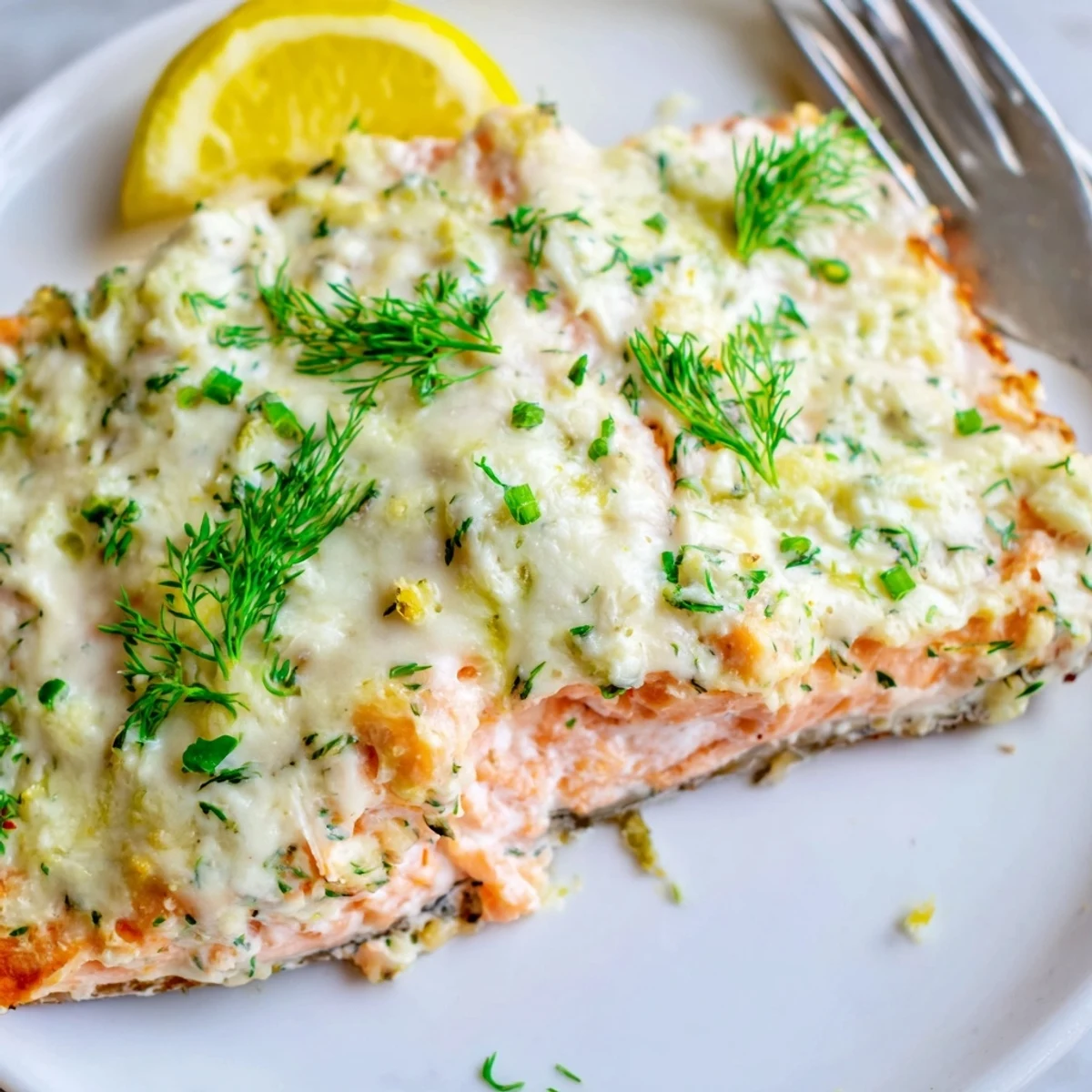 Herb-crusted Boursin salmon served hot on a parchment-lined baking sheet with lemon wedges