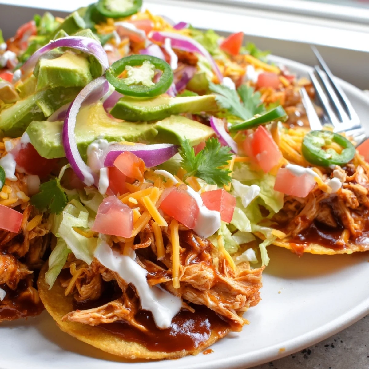 Crispy sweet smoky BBQ chicken tostadas loaded with fresh lettuce, tomato, and melted cheese