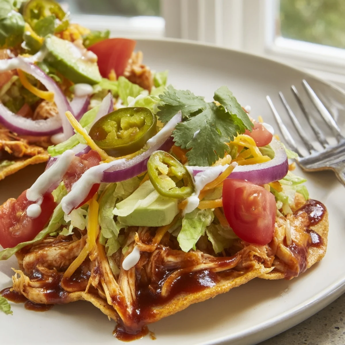 Golden tostada shells piled high with tender sweet smoky BBQ chicken and creamy avocado slices