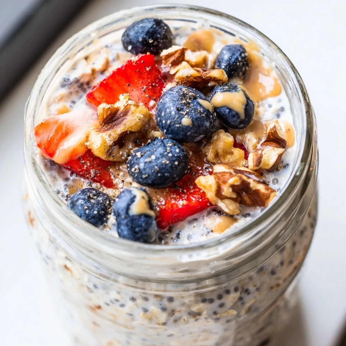 Creamy protein overnight oats topped with fresh berries and a nut butter drizzle