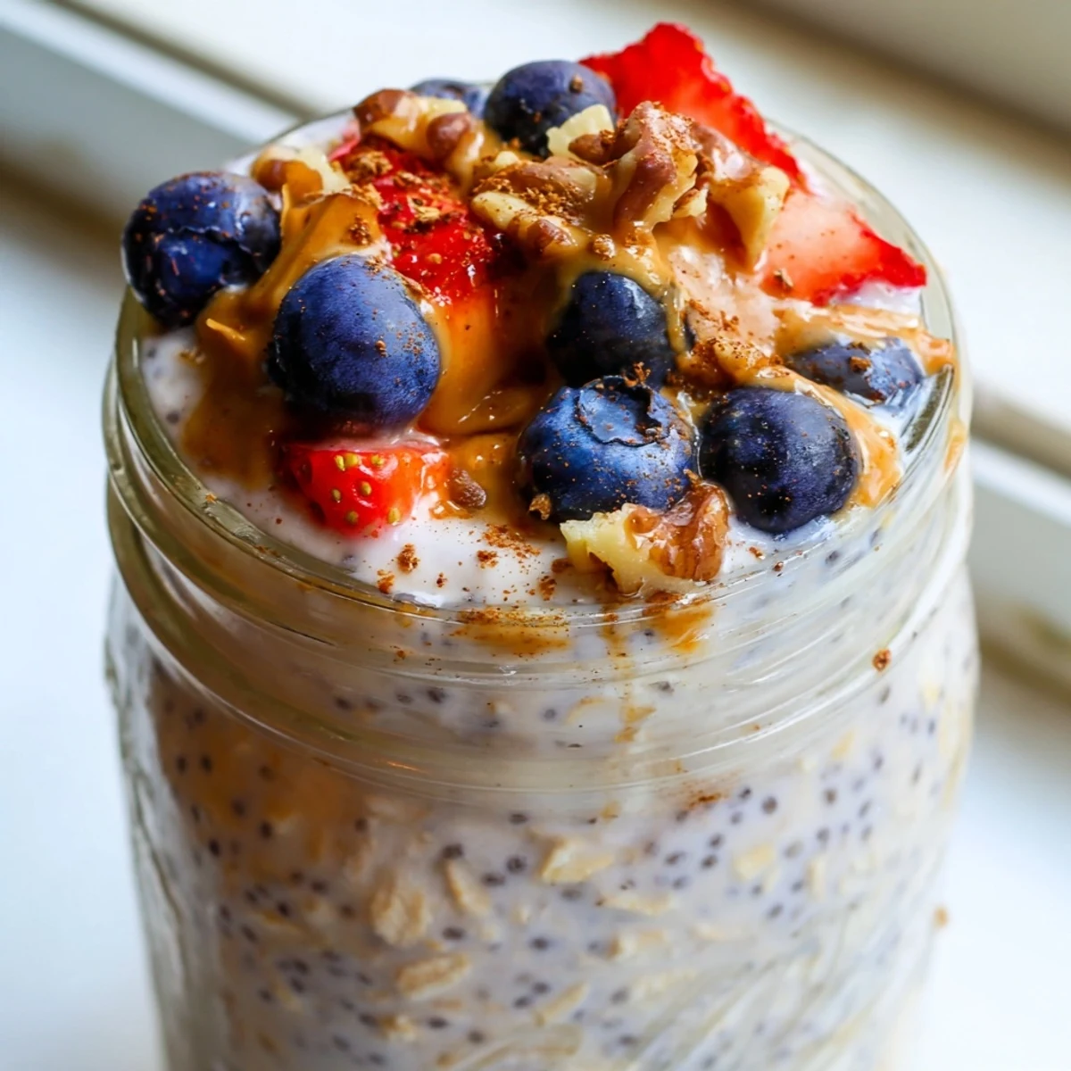 Chilled protein overnight oats served with Greek yogurt and a sprinkle of chia seeds