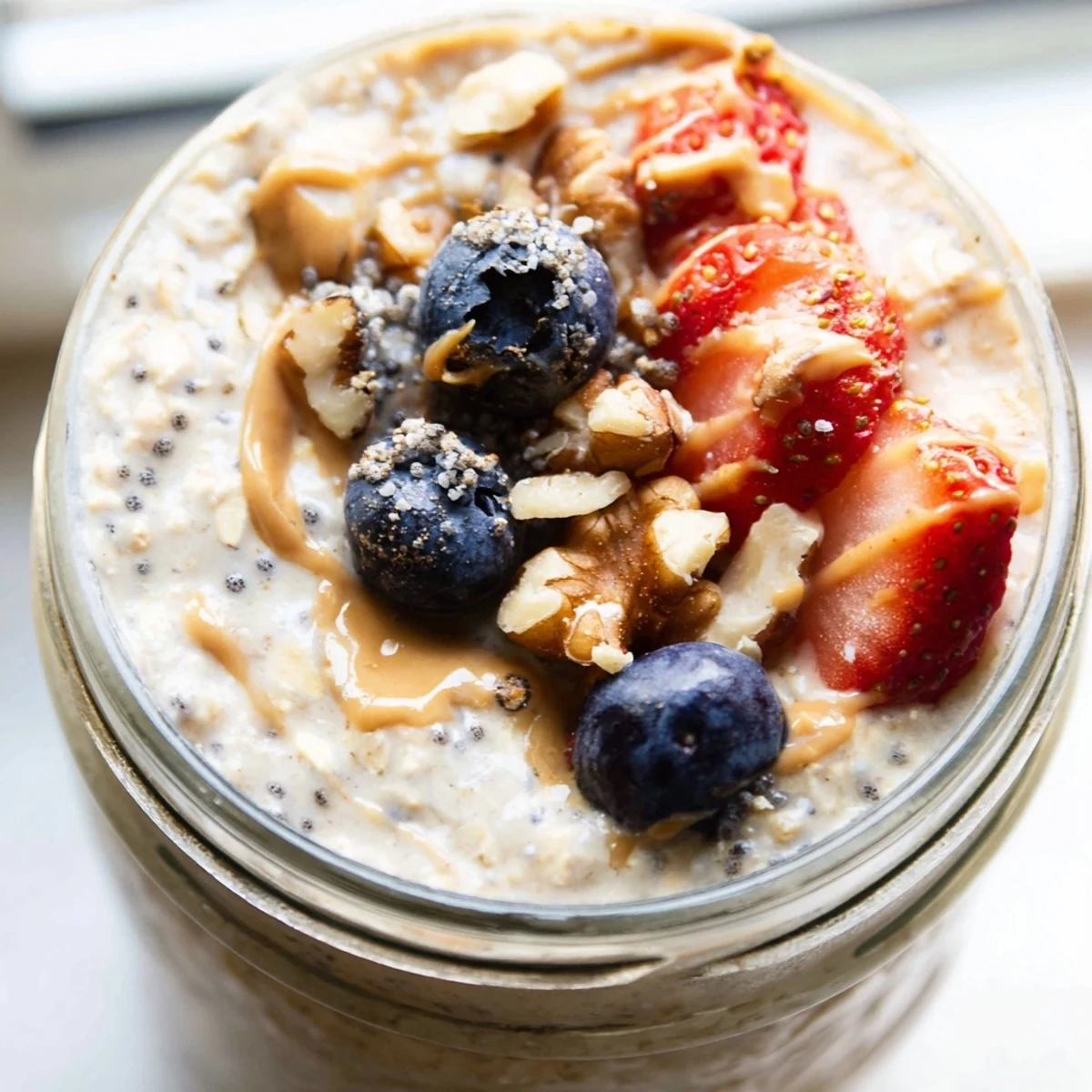 Thick protein overnight oats in a glass jar with sliced banana toppings