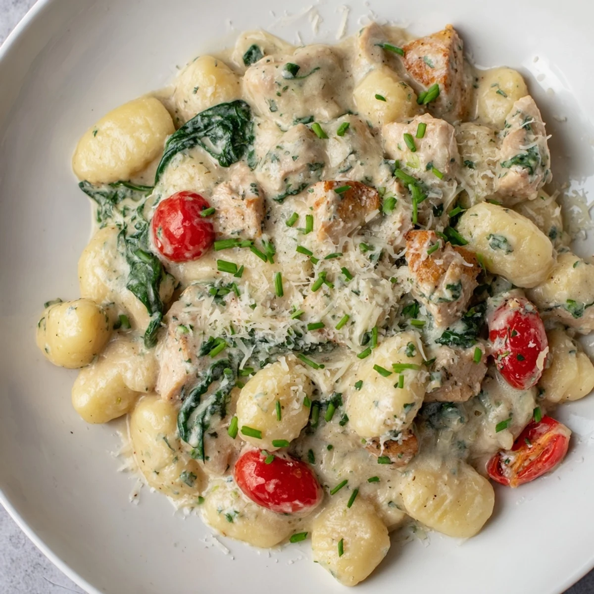 Golden seared chicken and pillowy gnocchi swim in a creamy herb sauce with fresh spinach