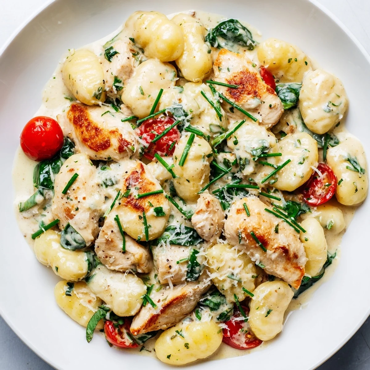 Creamy Herb Chicken Gnocchi Skillet bubbling in a cast iron pan with melted Parmesan
