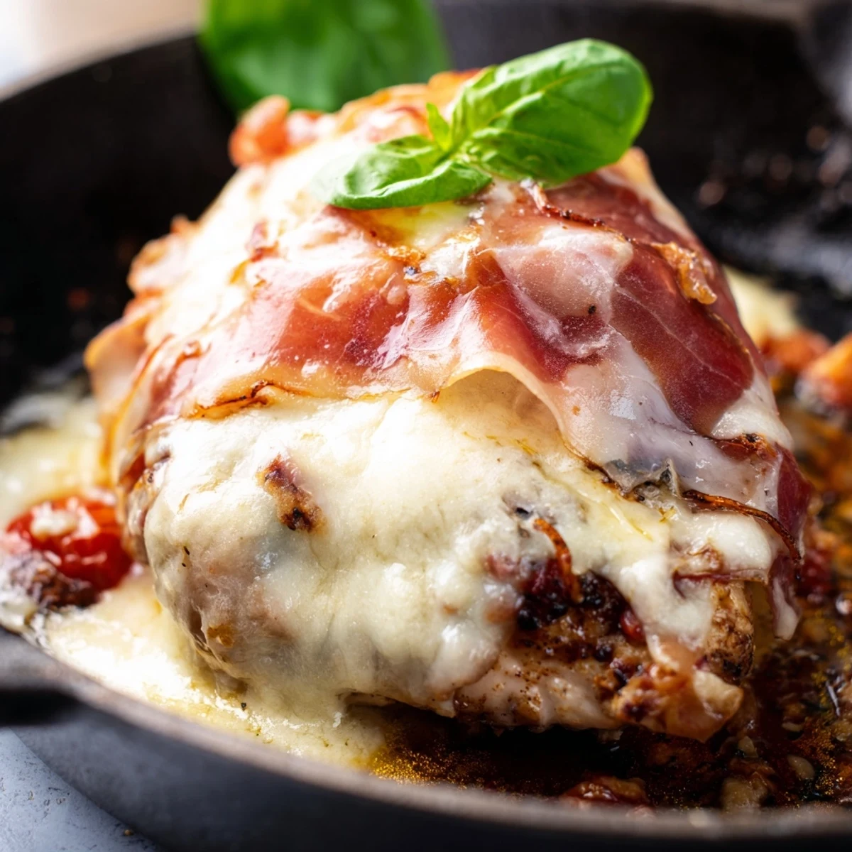 Creamy Chicken Valdostana with gooey cheese and prosciutto resting in a savory white wine pan sauce