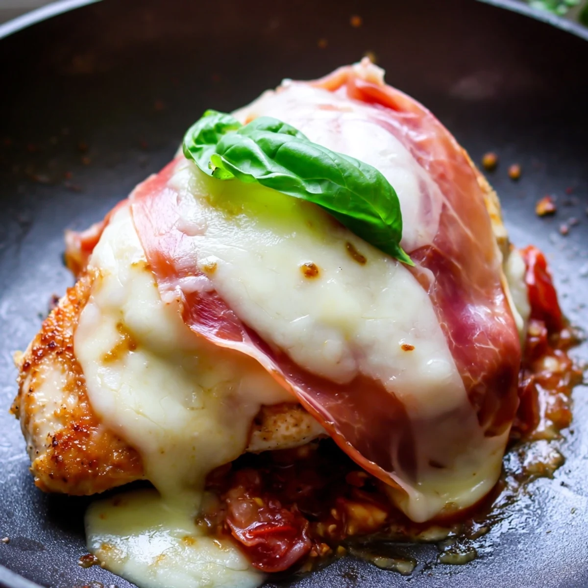 Golden Chicken Valdostana topped with melted Fontina and crispy prosciutto in rich tomato sauce