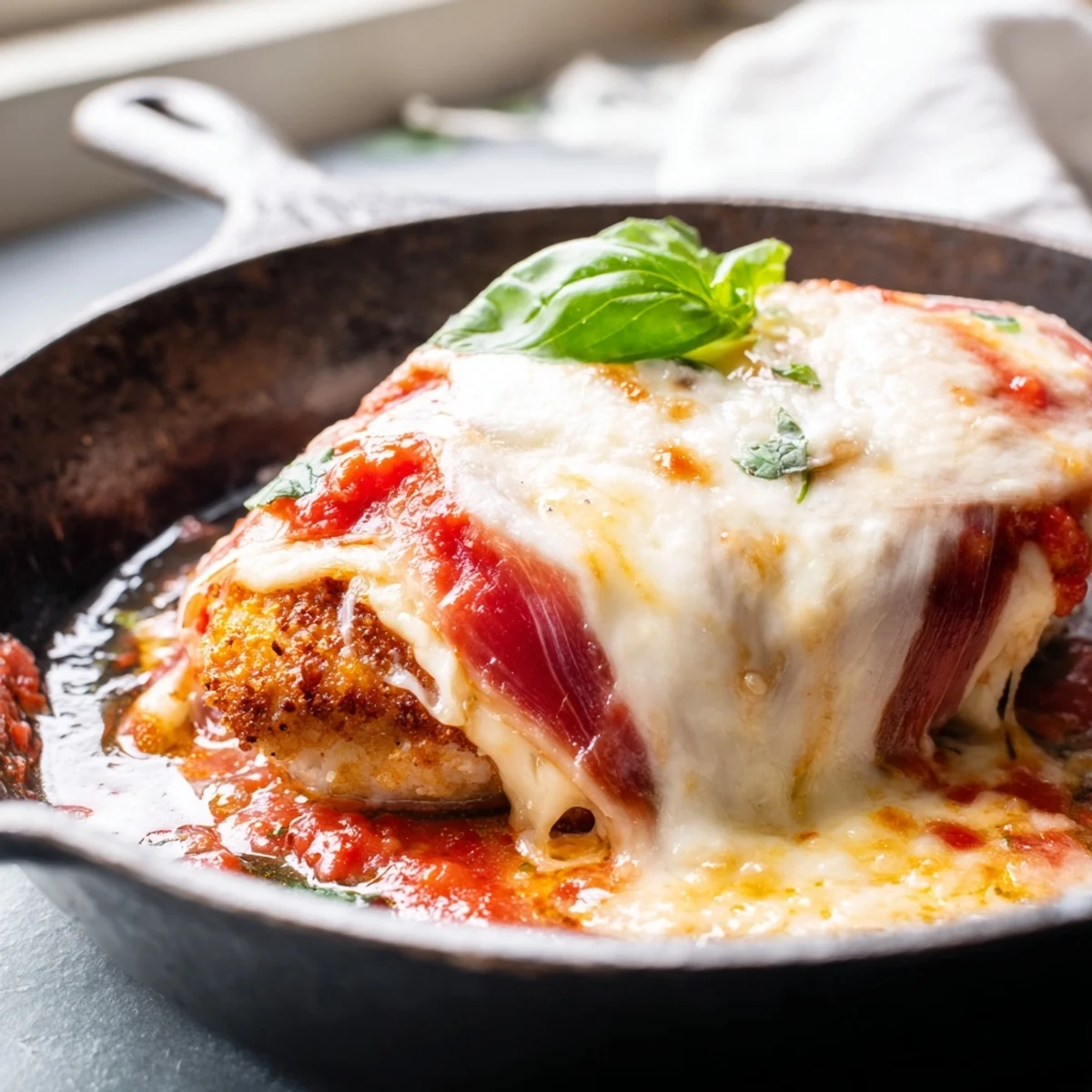 Bubbling Chicken Valdostana baked until golden with melted cheese and fresh basil garnish
