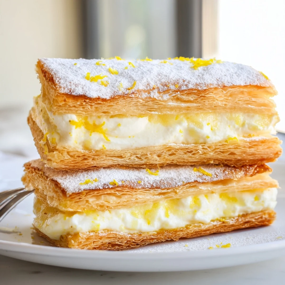 Crisp golden puff pastry layers filled with tangy lemon ricotta cream and dusted powdered sugar