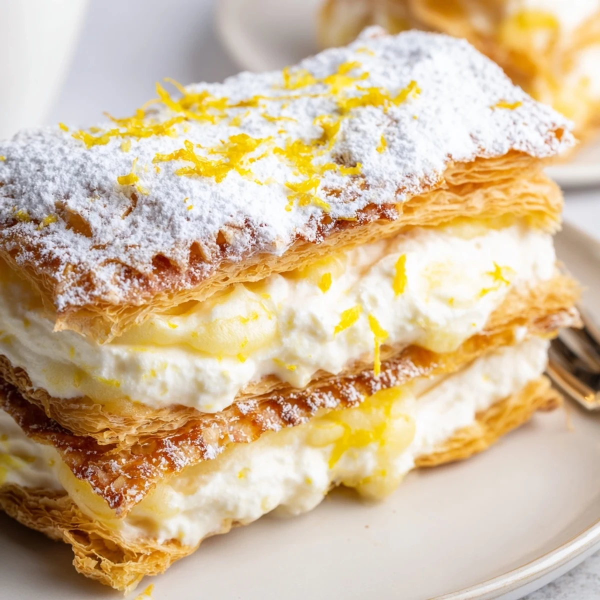 Flaky lemon ricotta puff pastry mille feuille topped with sweet citrus zest and powdered sugar
