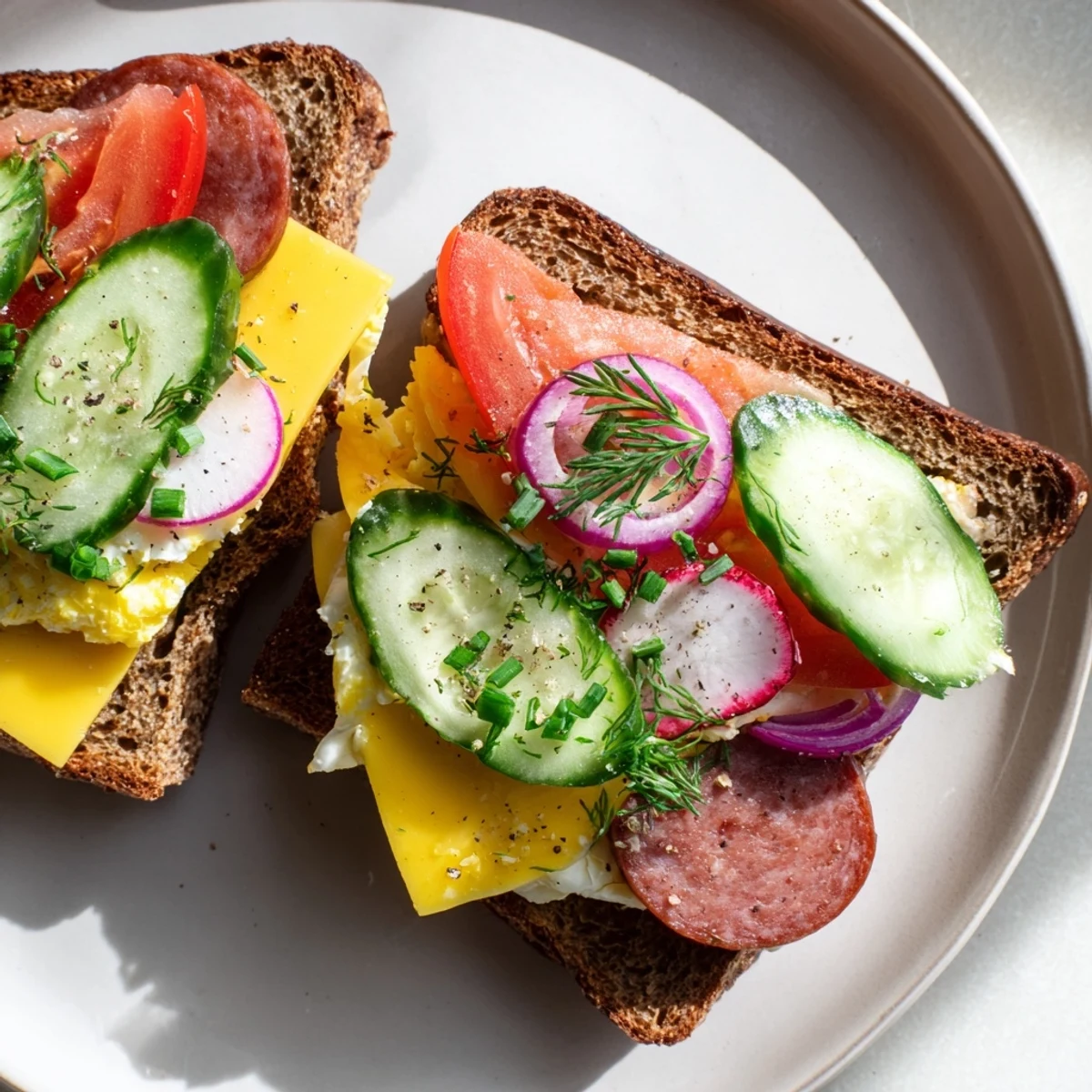 Open-faced Polish sandwiches topped with kielbasa, egg, and fresh vegetables on rye bread