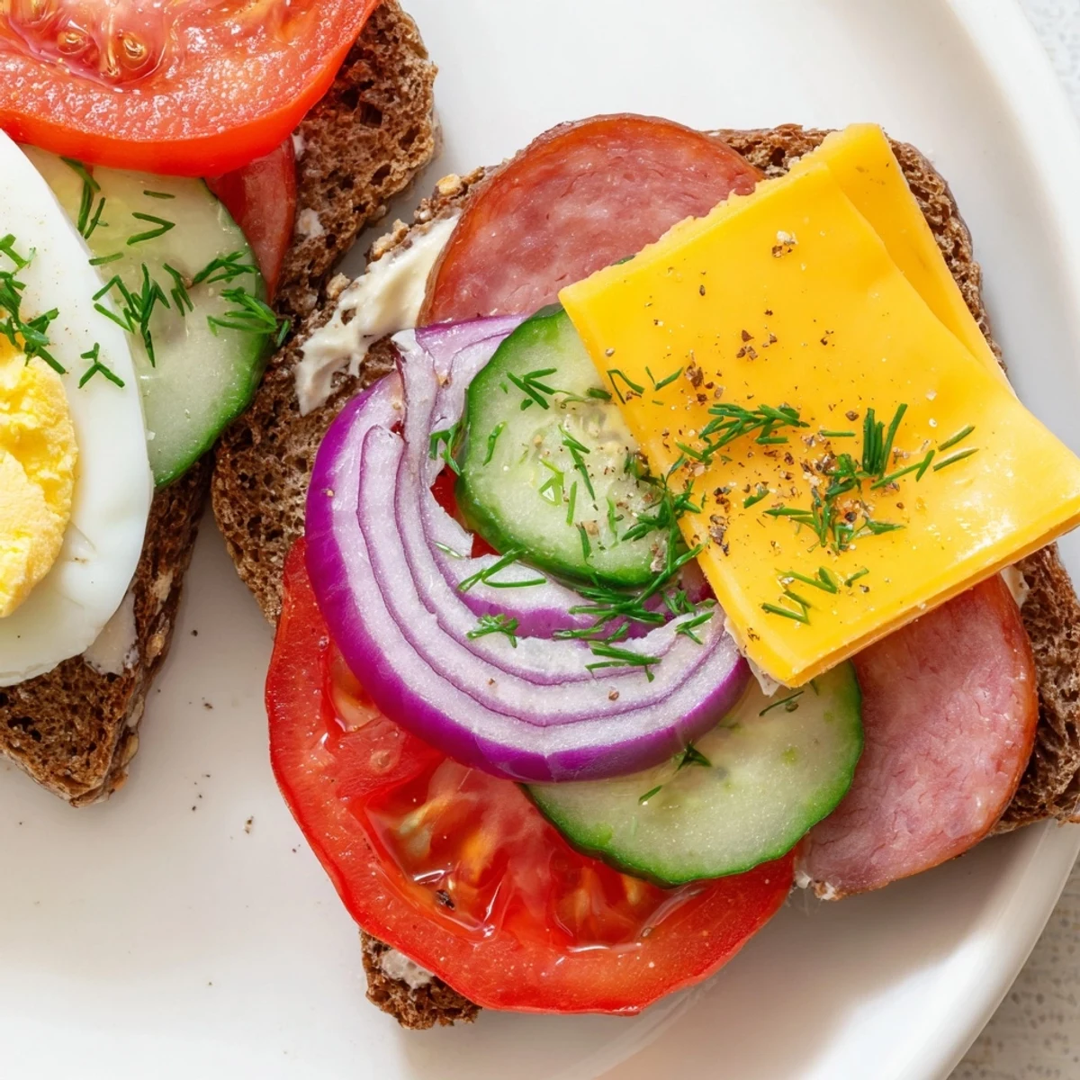 Crispy rye bread slices loaded with cheese, ham, and herbs for a classic Polish appetizer spread