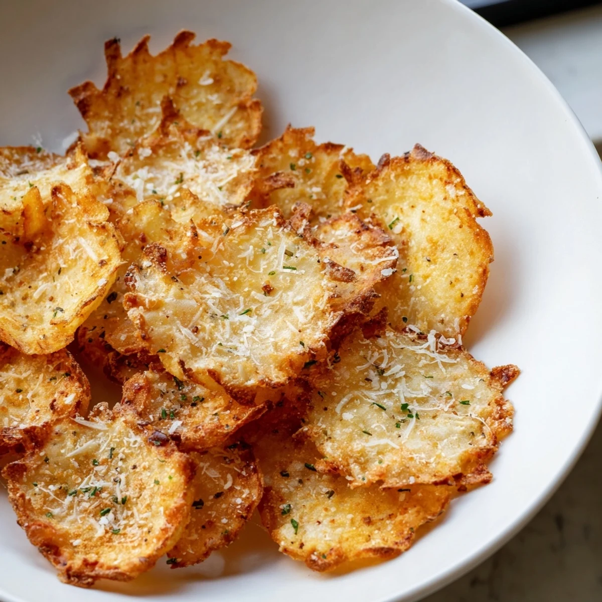 Golden crispy cottage cheese chips with parmesan and chives on a parchment-lined baking sheet