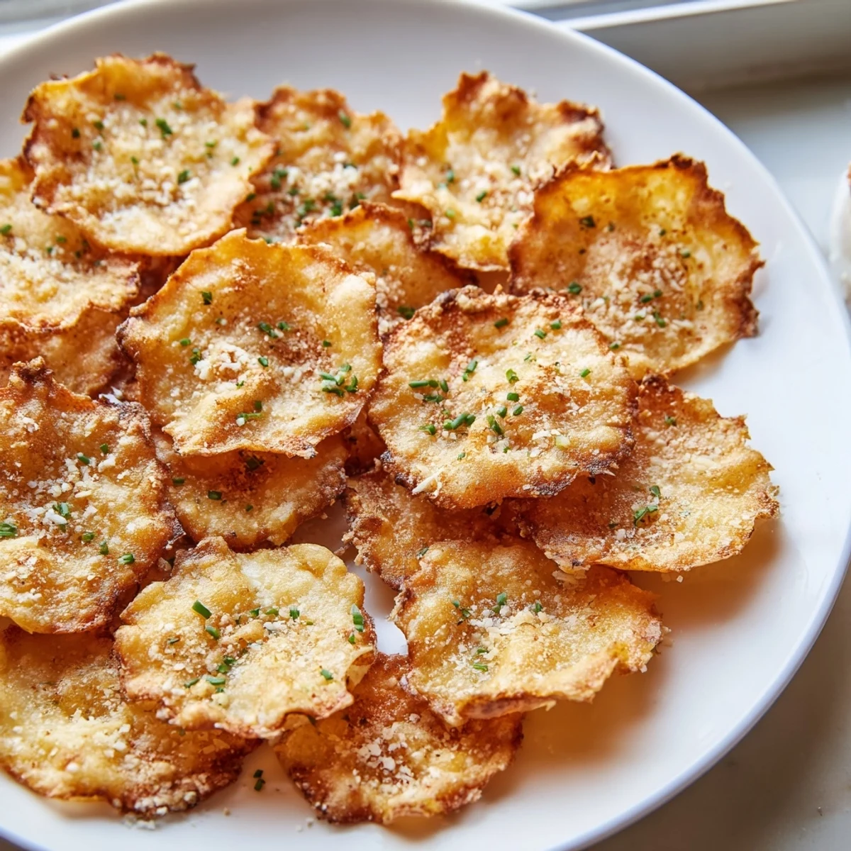 Crunchy baked cottage cheese chips arranged on a rustic plate beside a creamy dip