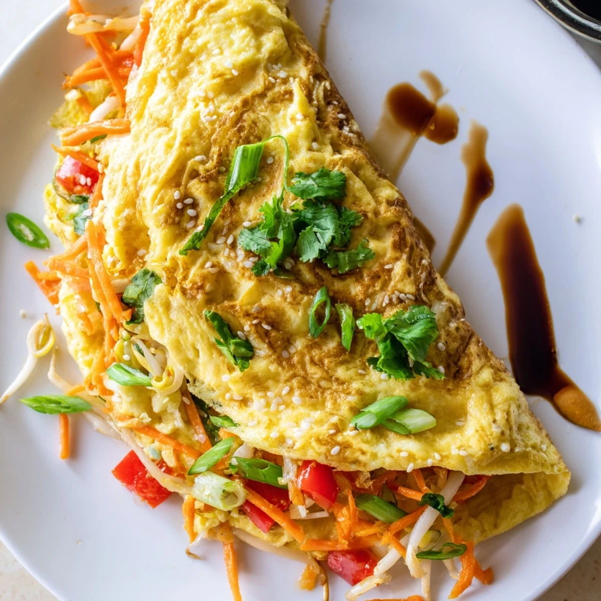 Golden Chinese omelette filled with colorful crisp vegetables and fresh scallions on a plate
