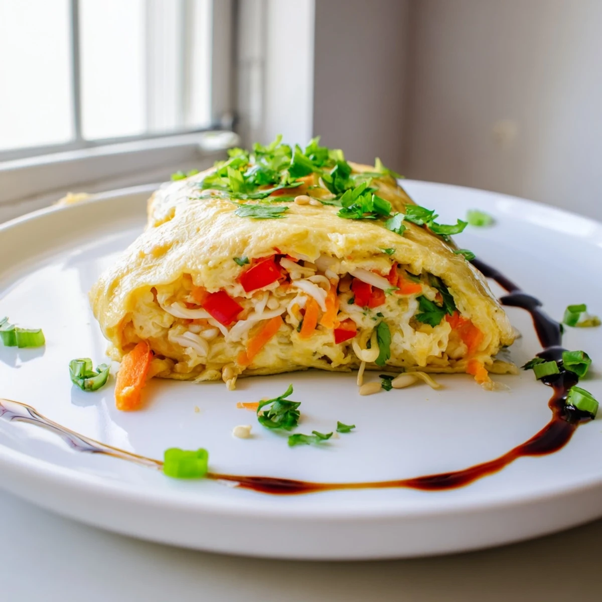 Fluffy Chinese omelette folded over tender bean sprouts, carrots, and bell pepper slices