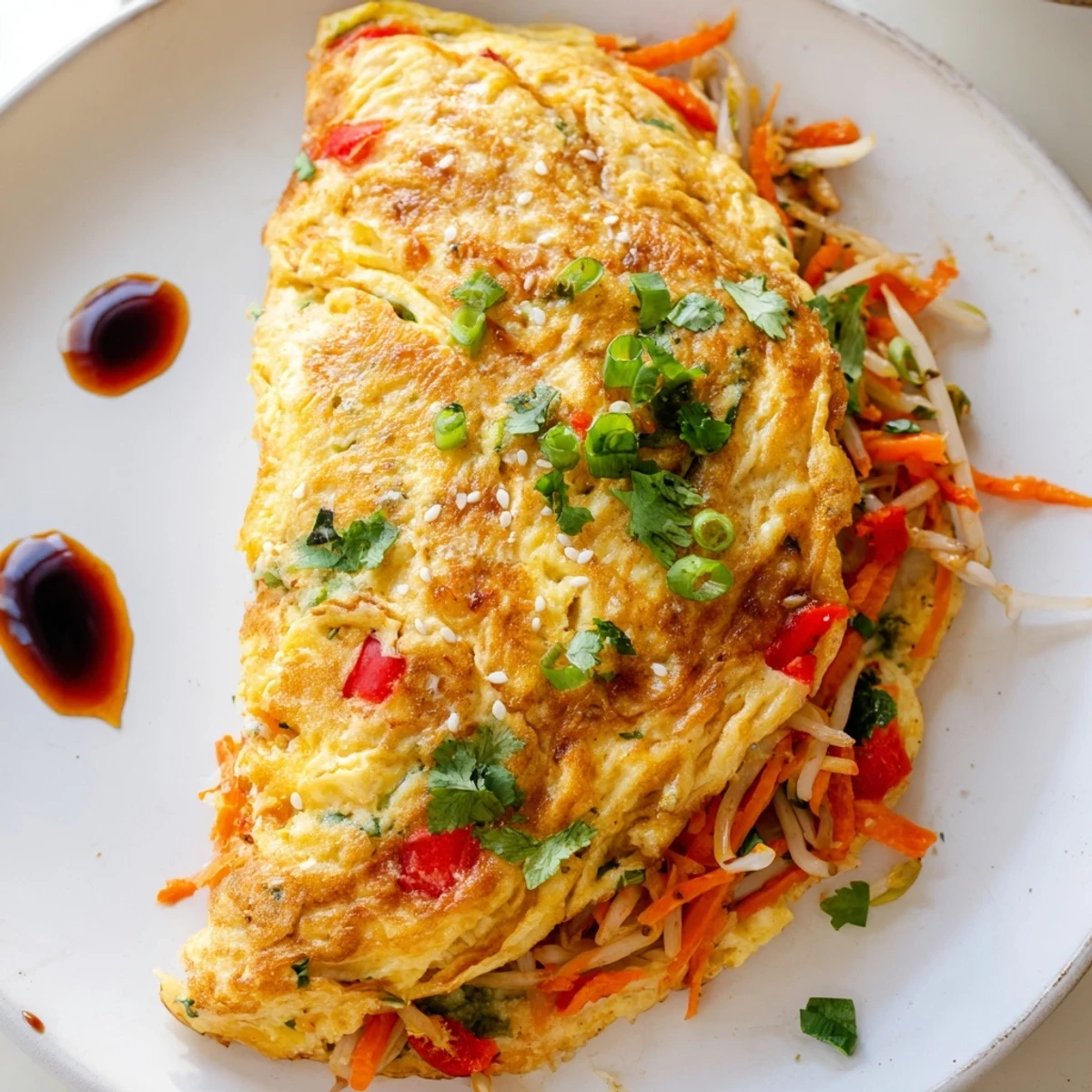 Savory Chinese omelette garnished with cilantro and drizzled with chili sauce, served steaming hot