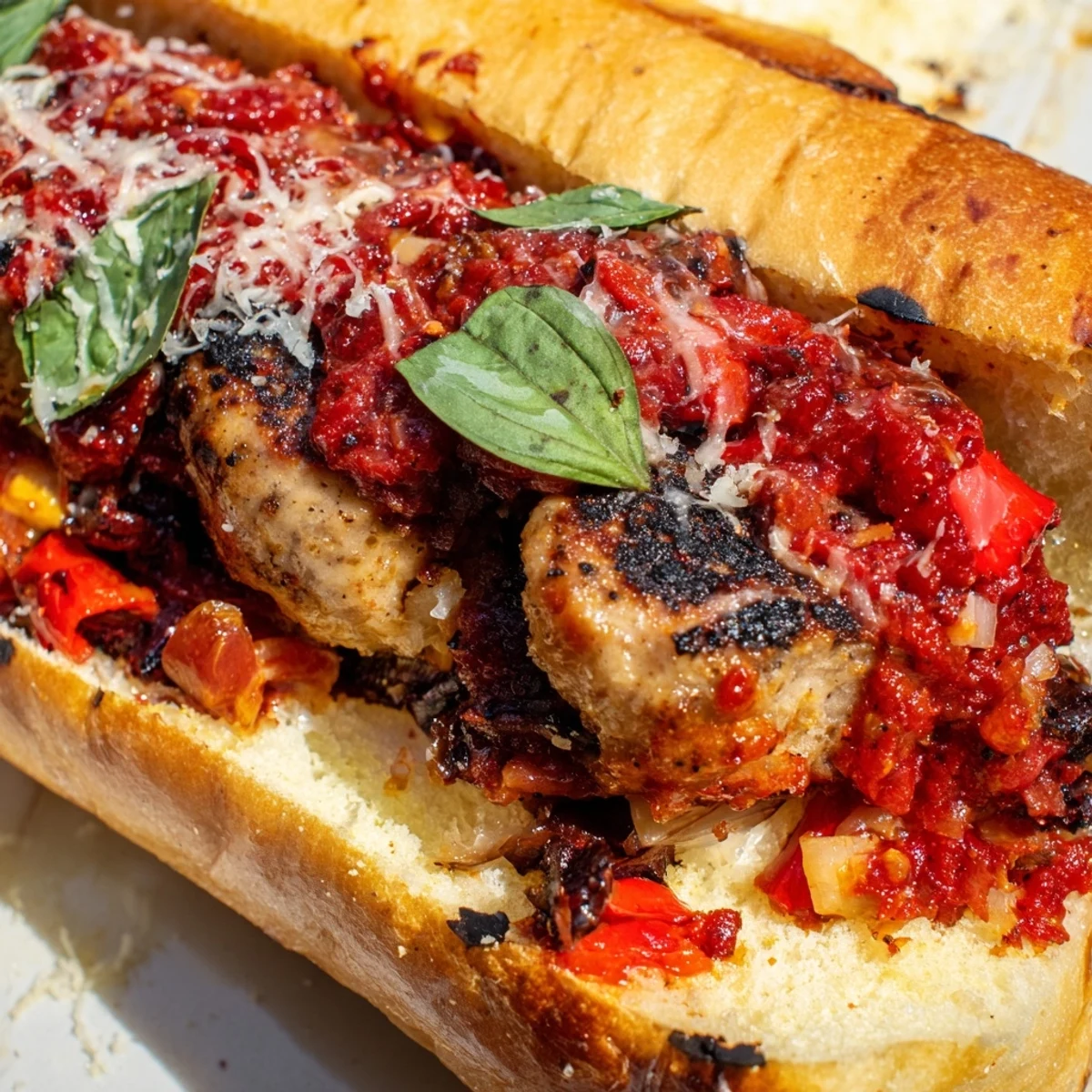 Juicy Italian sausages tucked into toasted hoagie rolls dripping with chunky grilled tomato sauce