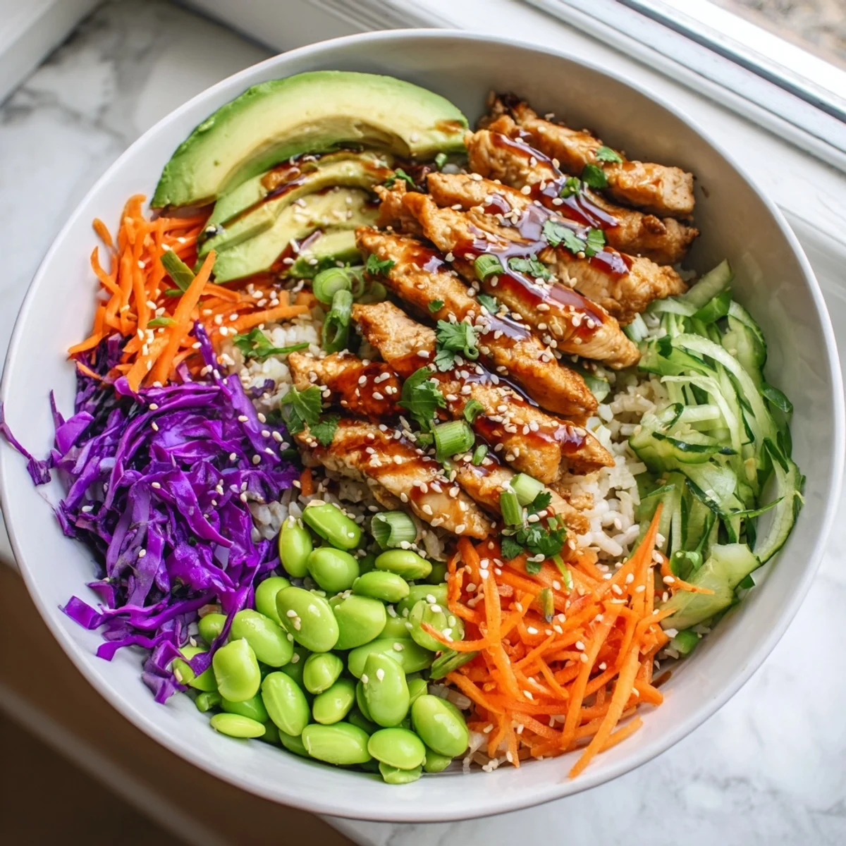 Golden marinated chicken strips nestled over brown rice with fresh avocado and shredded carrots