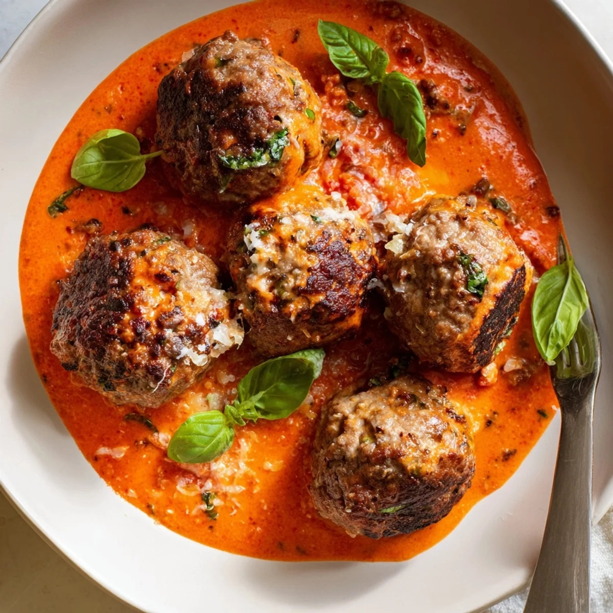 Golden brown creamy tomato basil meatballs swimming in a rich, velvety marinara sauce