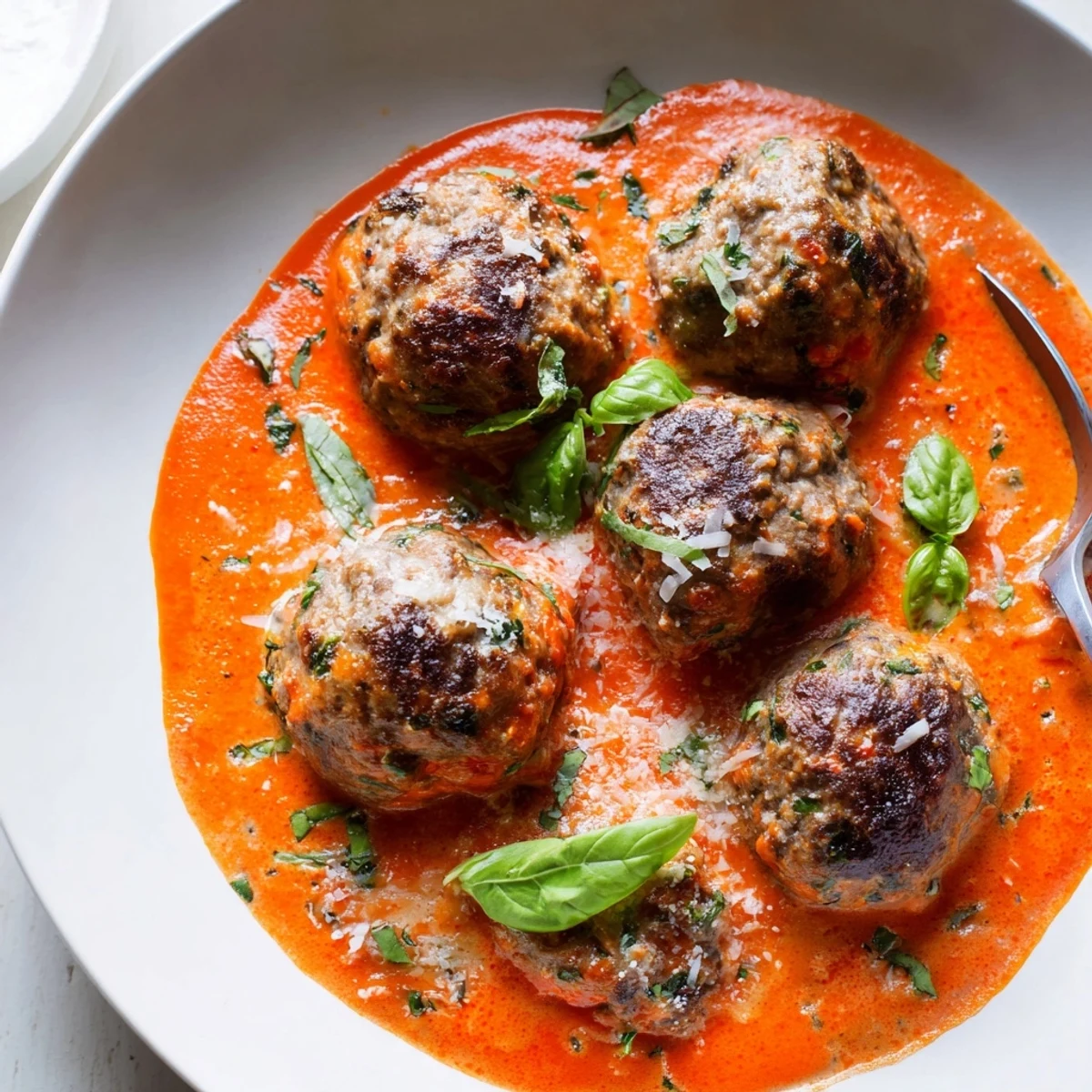 Plump creamy tomato basil meatballs garnished with fresh basil over a bed of pasta