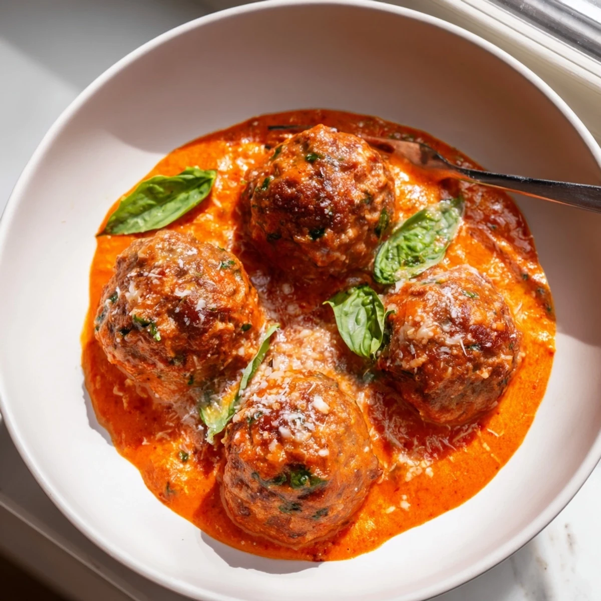 Skillet of creamy tomato basil meatballs coated in a luscious, bubbling red sauce