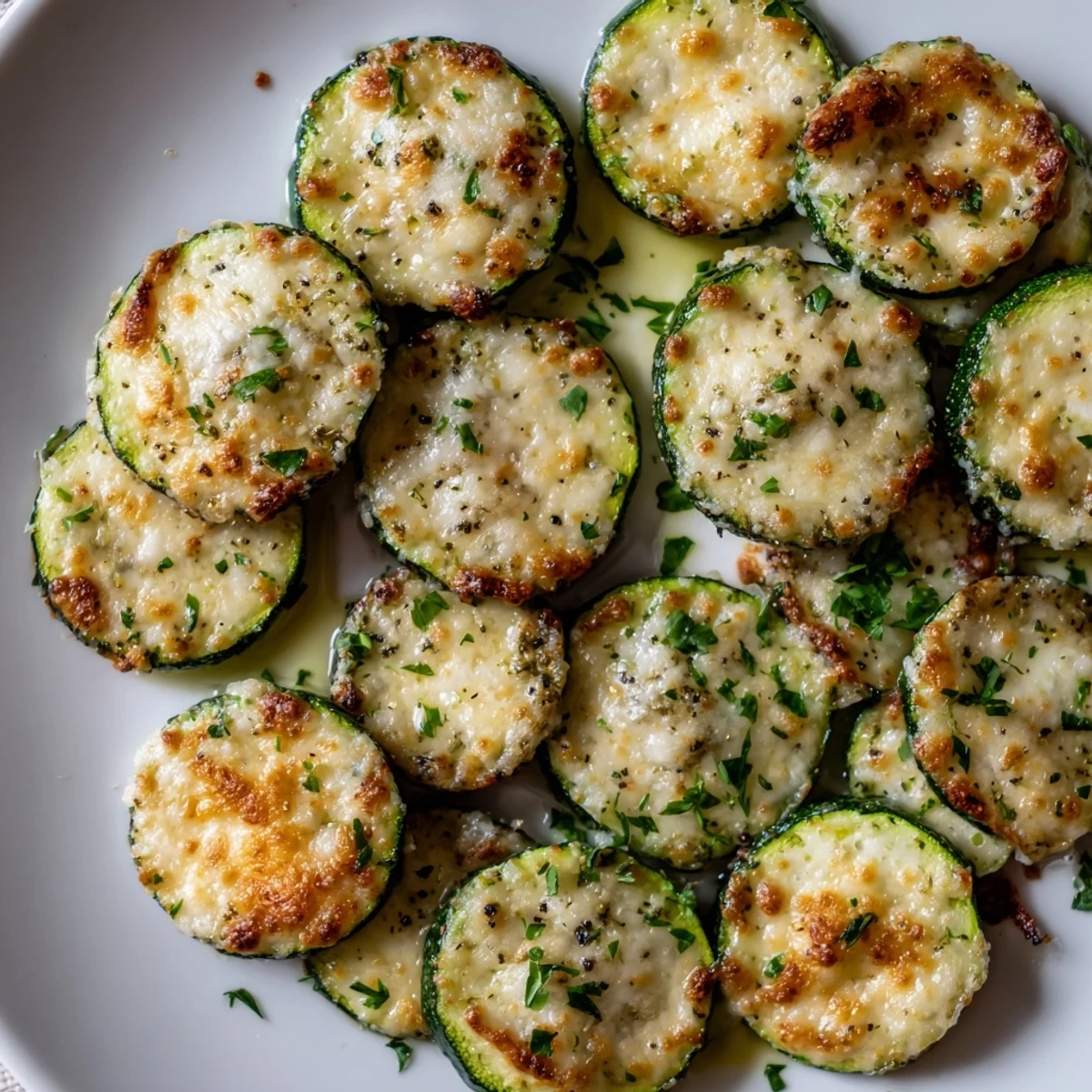 Golden Parmesan-crusted zucchini rounds with zesty lemon pepper fresh from the oven