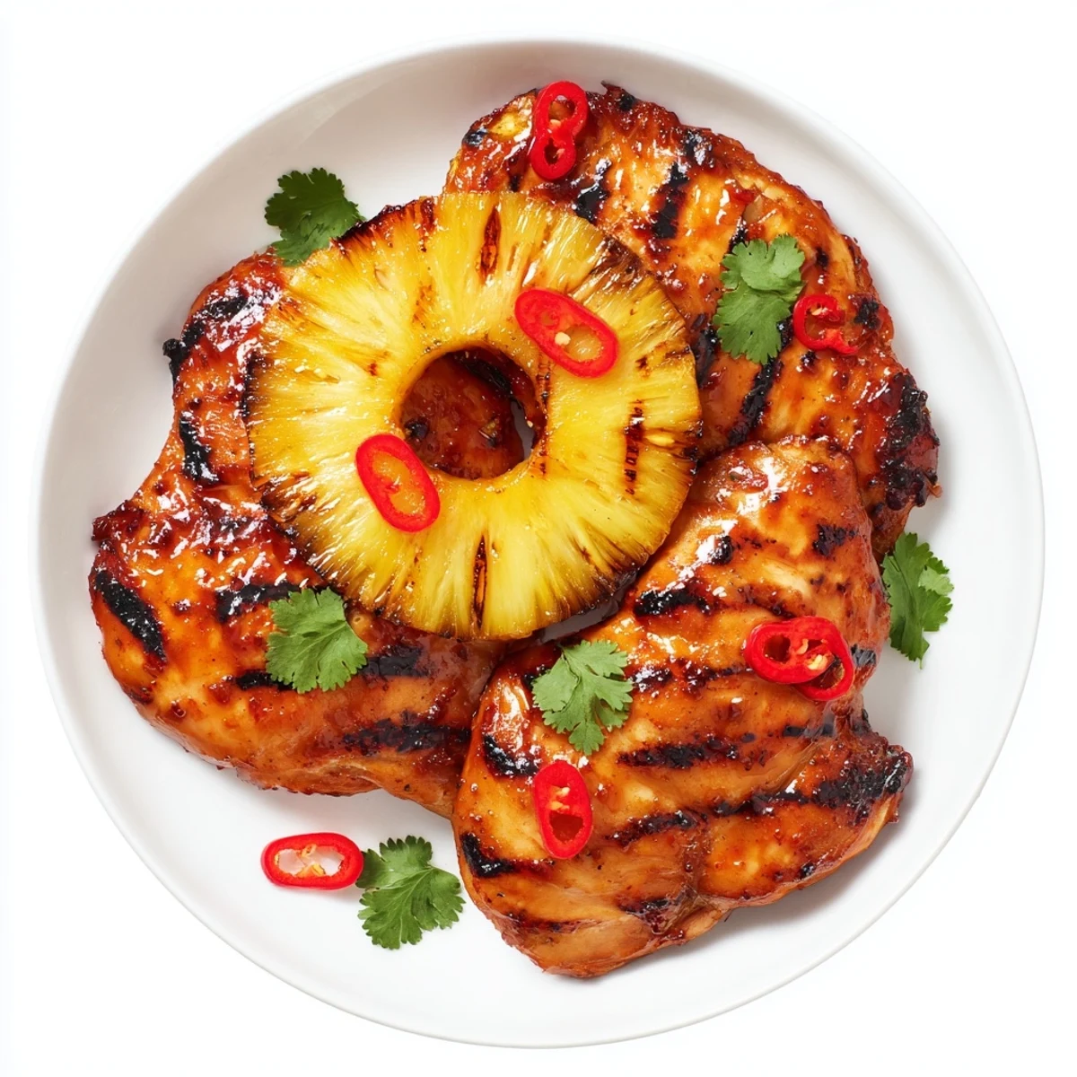 Juicy chili pineapple grilled chicken with caramelized fruit on a smoky grill