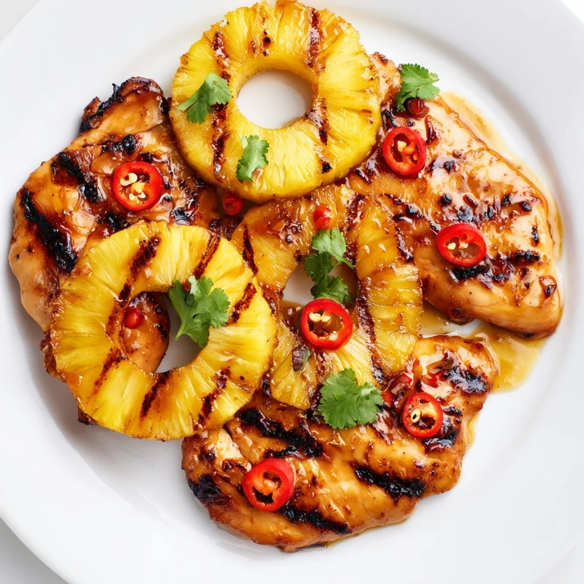 Sizzling chili pineapple grilled chicken served alongside charred pineapple rings on plate
