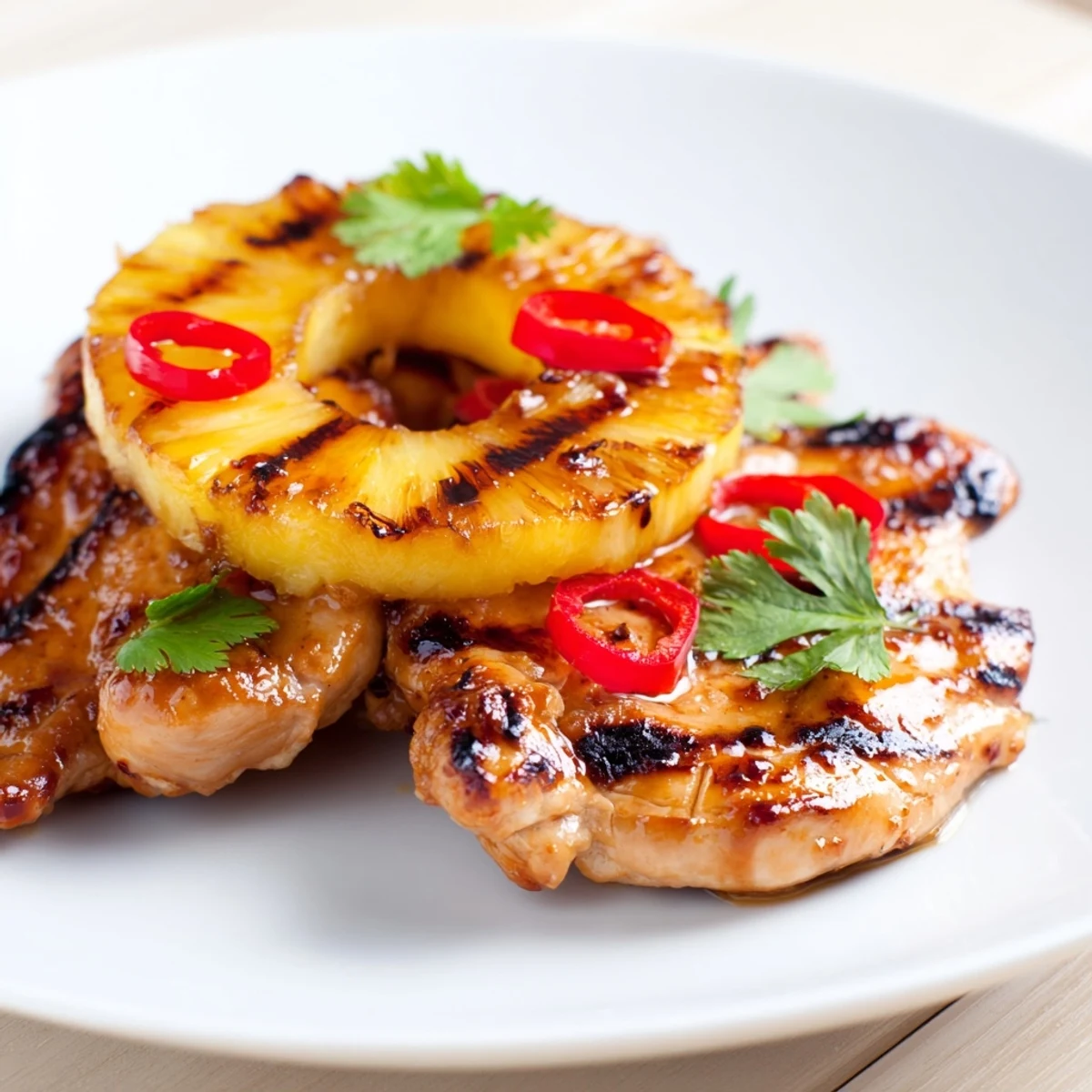 Golden chili pineapple grilled chicken topped with fresh cilantro and pepper slices