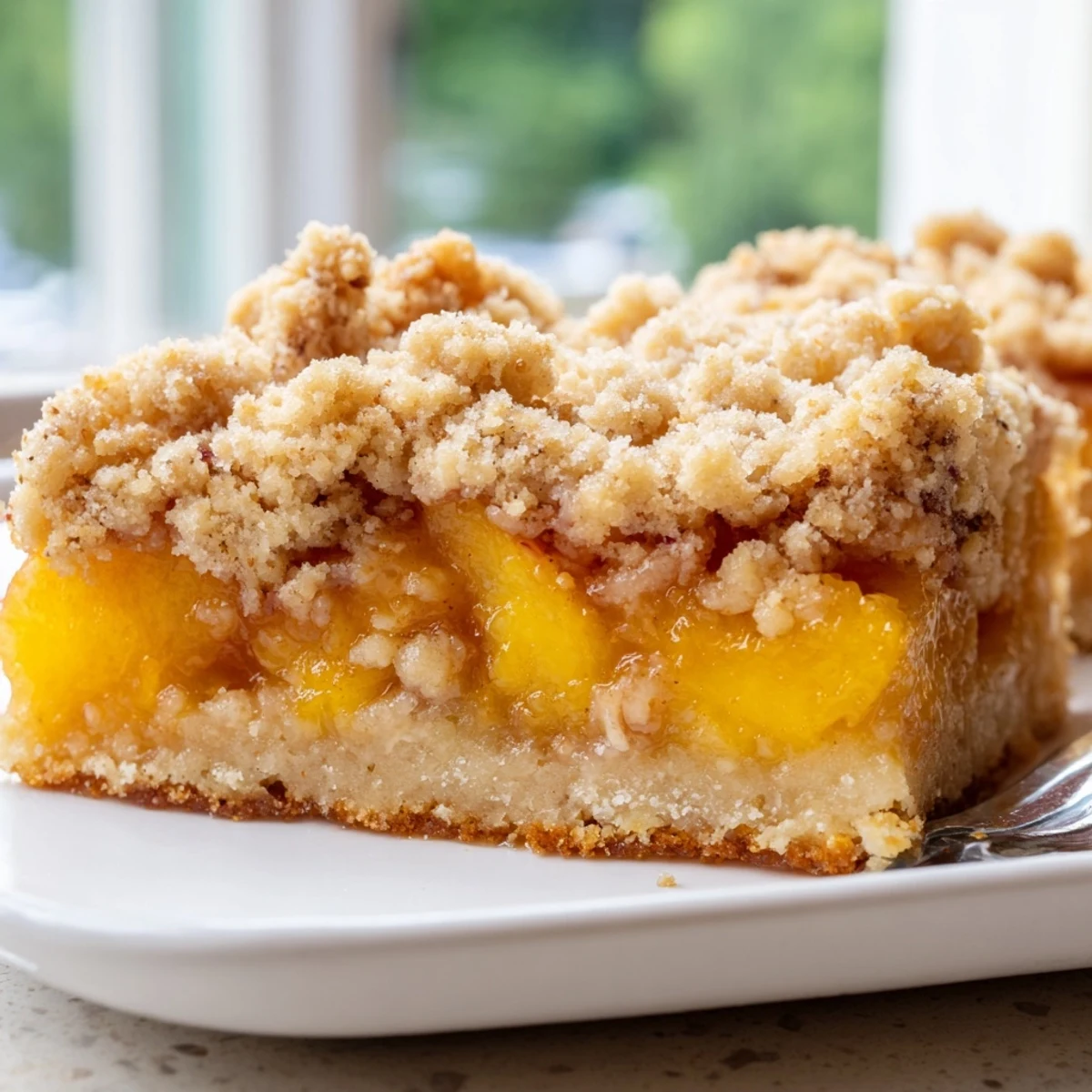 Golden sweet and buttery peach bars with cinnamon streusel cooling on a rustic countertop