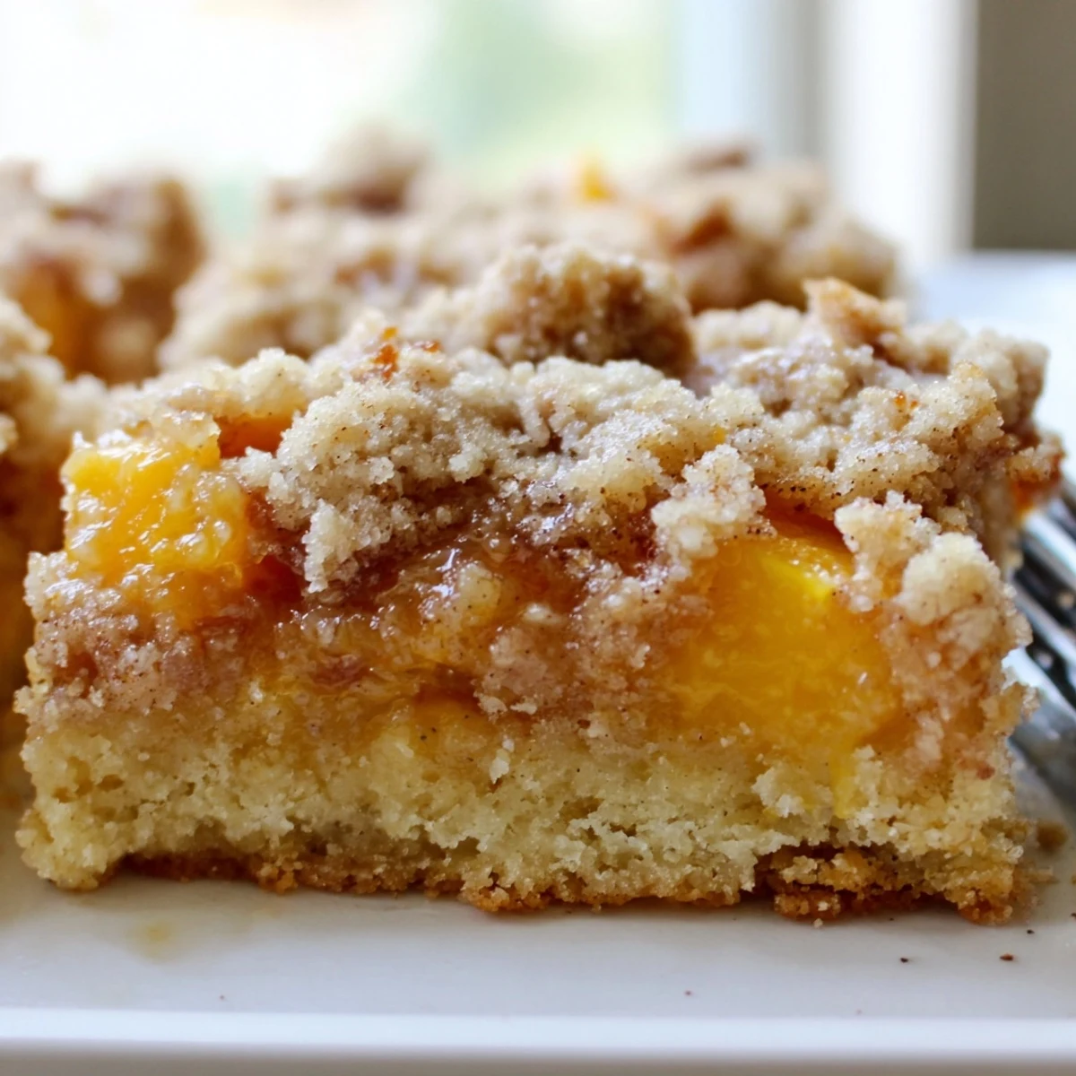 Warm sweet and buttery peach bars with cinnamon streusel served on a ceramic plate