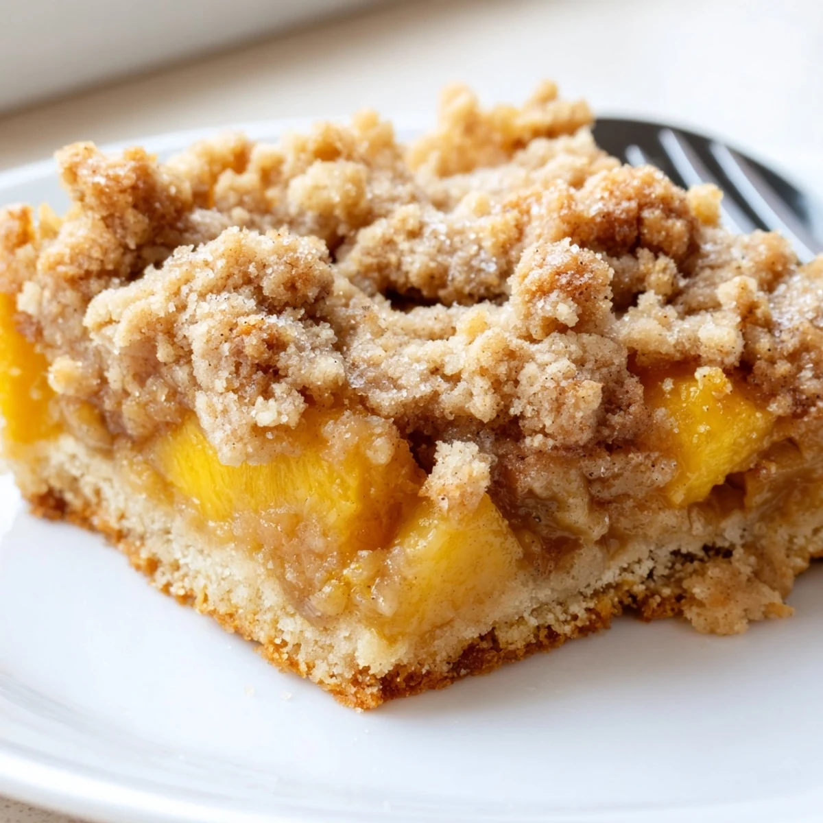 Sweet and buttery peach bars with cinnamon streusel cut into squares topped with vanilla ice cream
