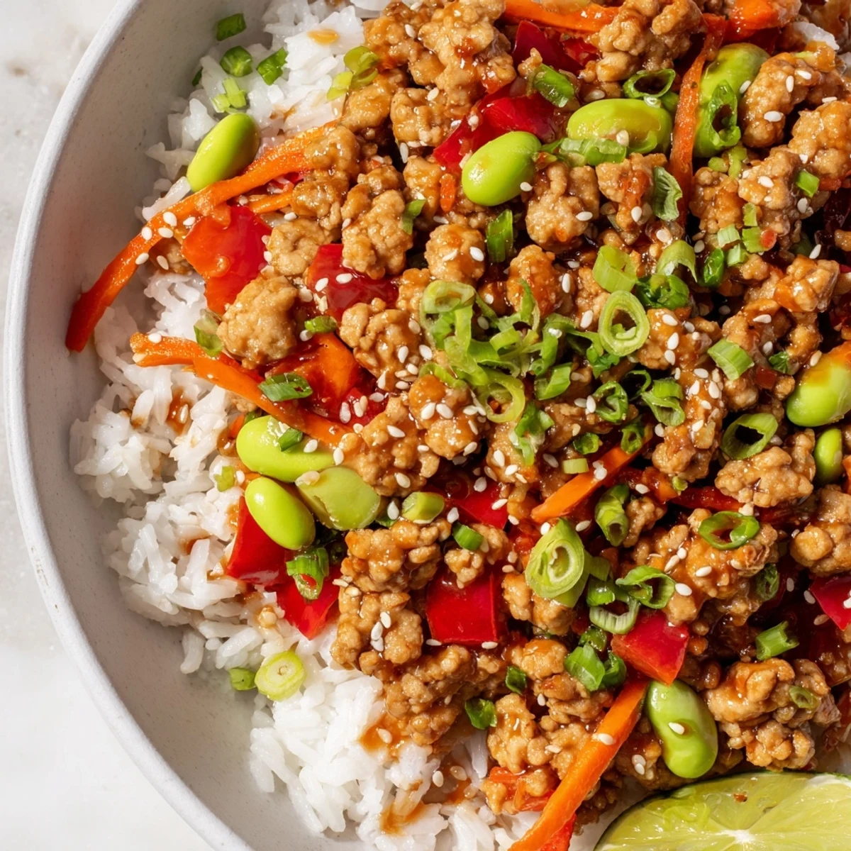 Colorful ground turkey rice bowls topped with sesame seeds, fresh cilantro, and lime wedges