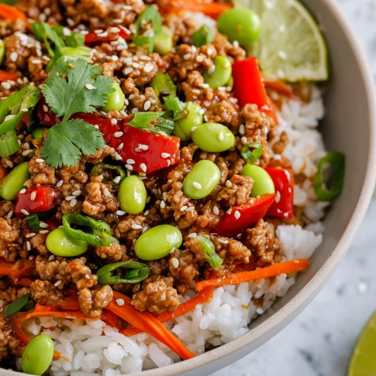 Hearty ground turkey rice bowls with tender vegetables in a savory soy-ginger sauce drizzle